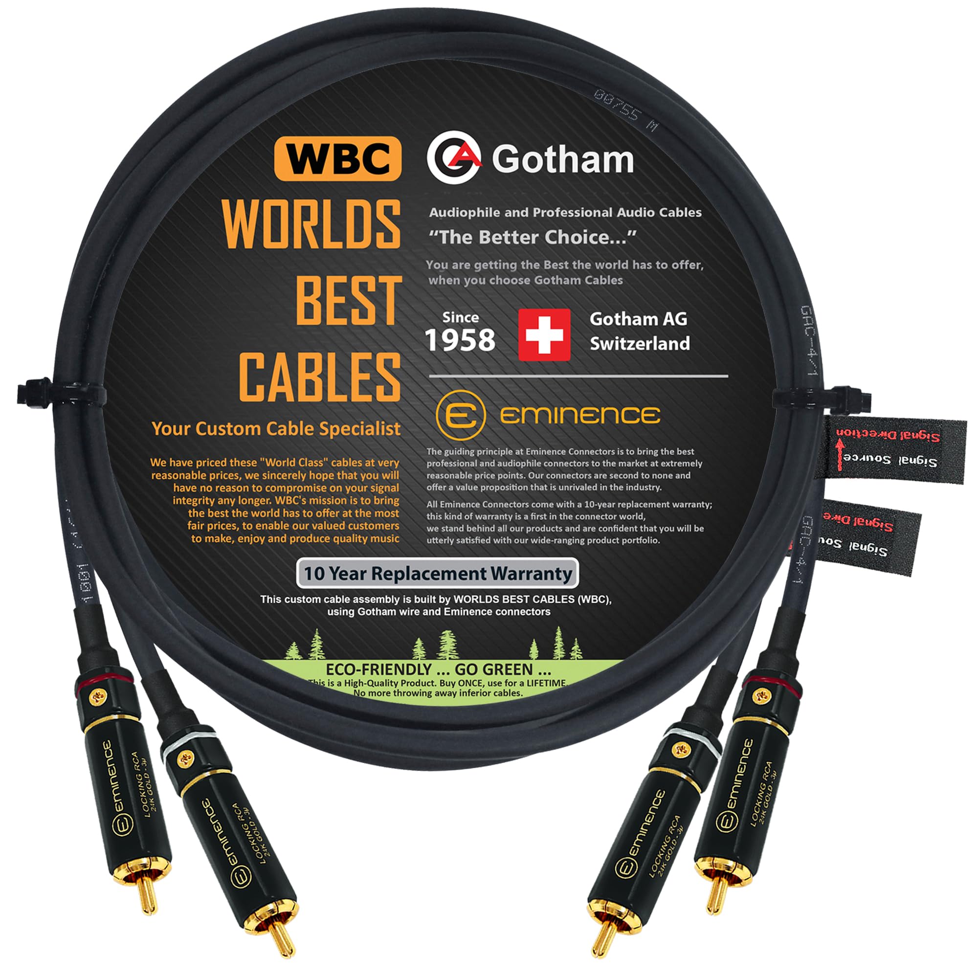 WORLDS BEST CABLES 3 Foot RCA Cable Pair - Gotham GAC-4/1 (Black) Star-Quad, Audio Interconnect Cable with Premium Gold Plated Locking RCA Connectors - Directional - Custom Made