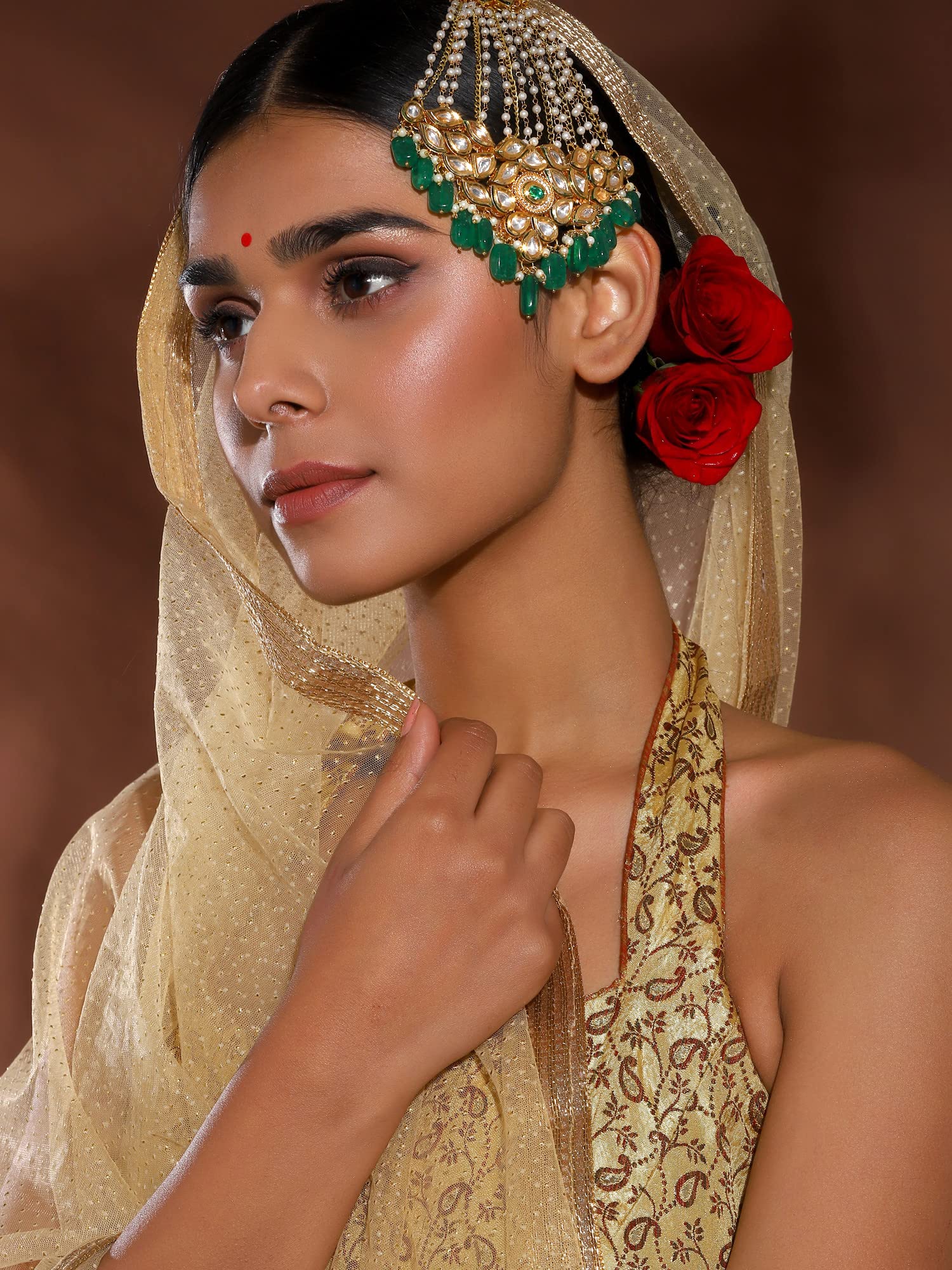 Ruby Raang Women's Mixed Metal Artificial Kundan Maang Tikkas - Traditional Jewellery Set for Women (Gold) 3