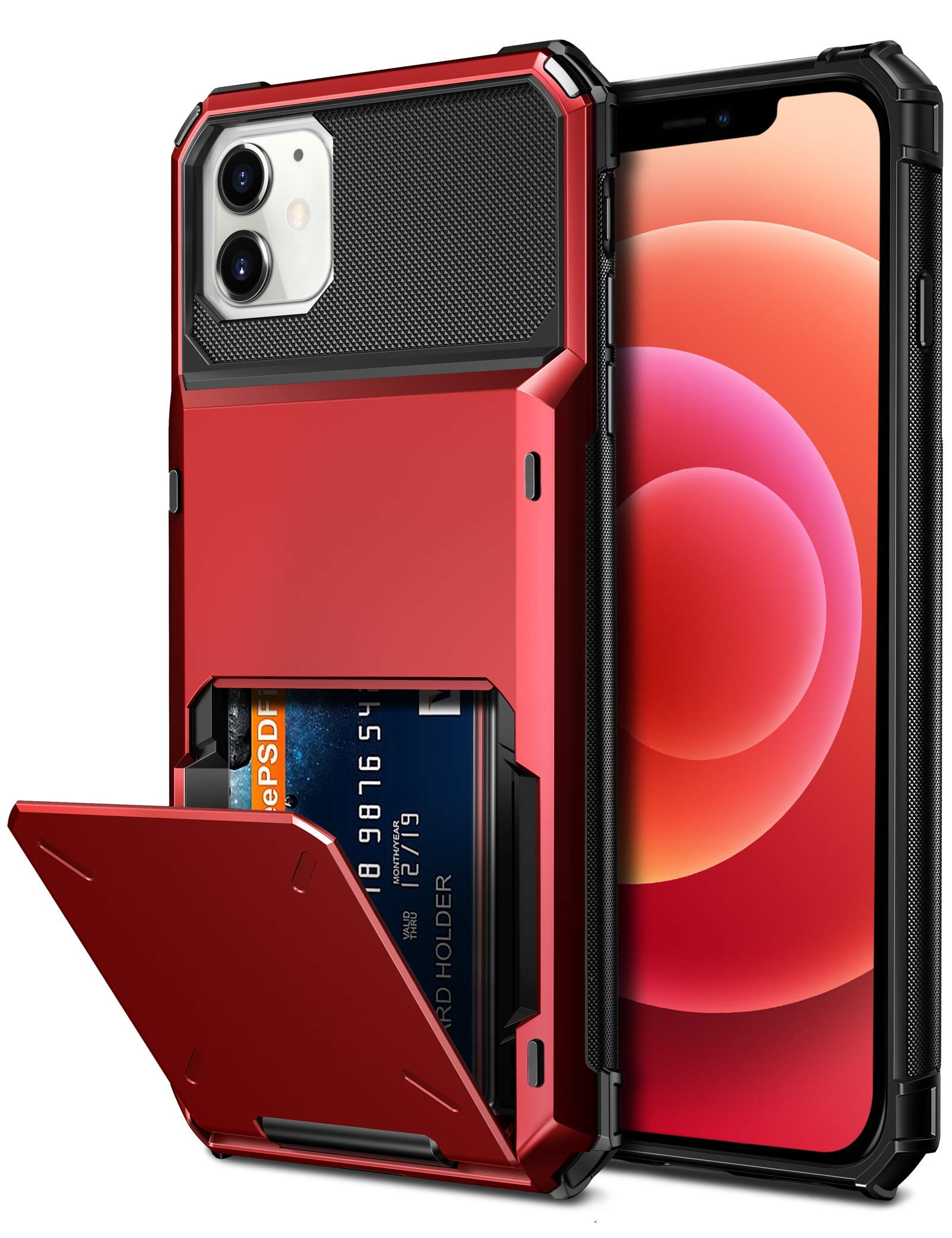 Vofolen Compatible with iPhone 12 Mini Case 5G Wallet 4-Card Slot Credit Card Holder Flip Door Hidden Pocket Anti-Scratch Dual Layer Hybrid TPU Bumper Armor Protective Hard Shell Cover Red