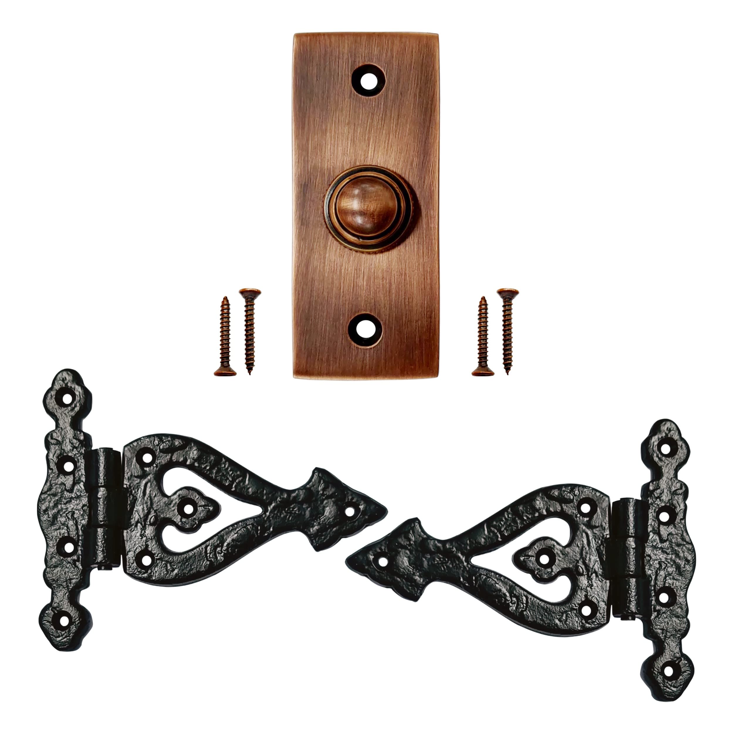 Akatva Doorbell Button with T Hinge Set – 2 Pieces Gate Hinges for Wooden Fences Heavy Duty – Bell Push Button – Doorbell Button Wired – Barn Hinges for Doors – Black Hinges – Antique Copper Finish 1