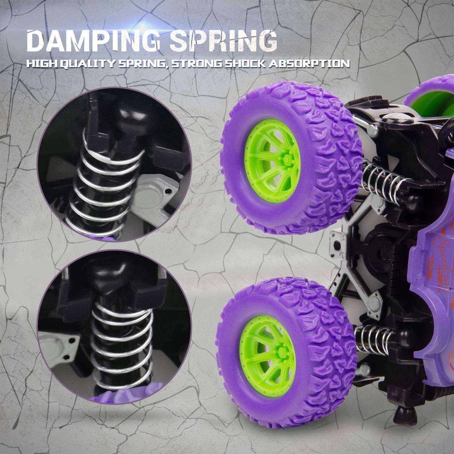 Unbreakable Monster Truck Friction Powered Cars Toys Plastic Truck Big Rubber Tires 360 Degree Rotation Stunt 4WD Cars Birthday Gift for Kids Boys & Girls Pack of 2 (Purple & Red) 5