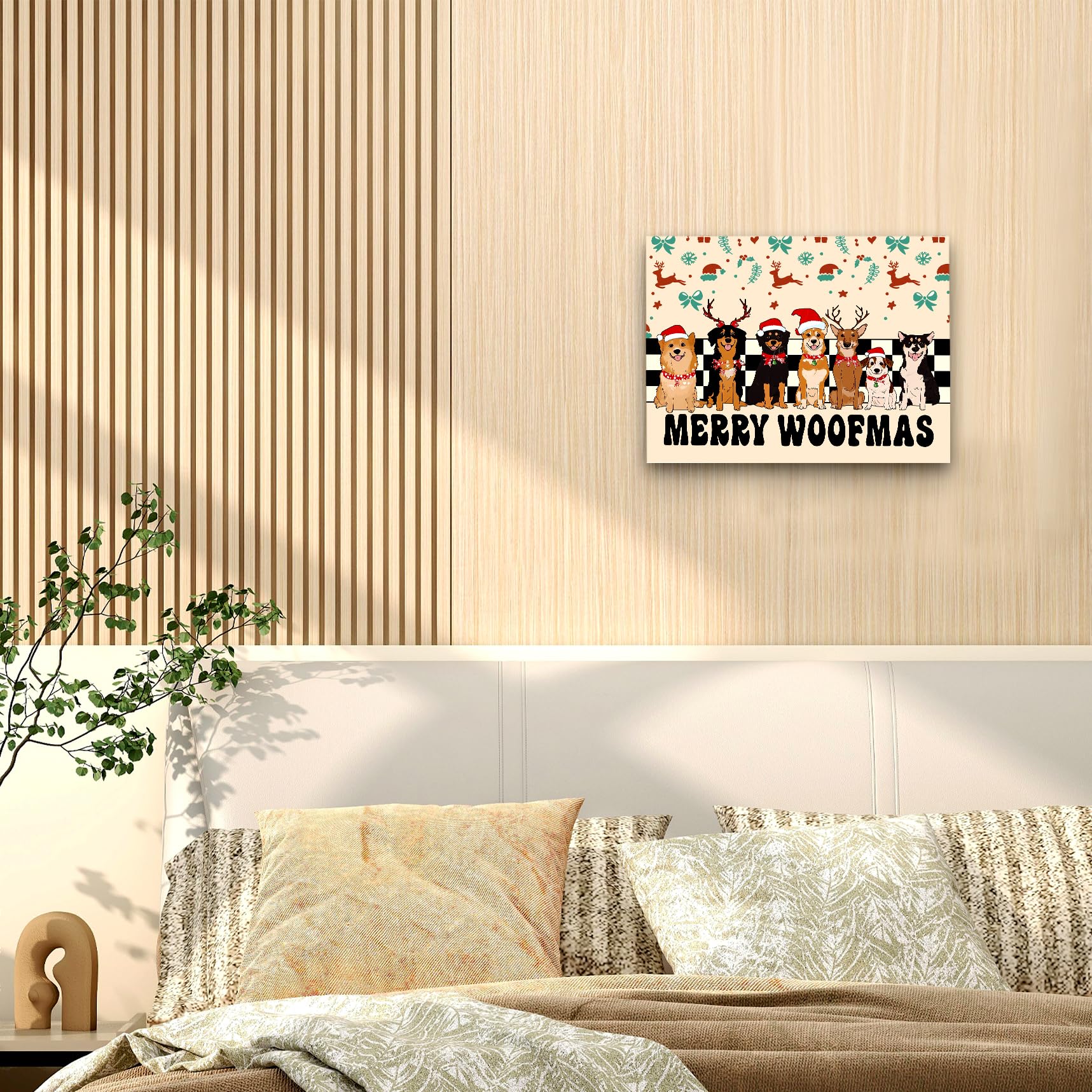 WODMIS Dog Christmas Wall Decor Framed Canvas Wall Art, Merry Christmas Farmhouse Decorations, Funny Merry Woofmas Wall Decor Canvas Home Decorations for Home Living Room Wall Decor 11x14 5