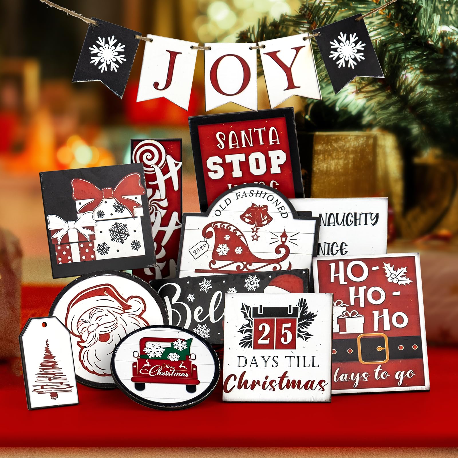 FRTIM 15 Pcs Christmas Tiered Tray Decorations Set Christmas Wooden Signs Tiered Tray Decor Table Signs for Christmas Winter Table Centerpieces Home Decorations 4