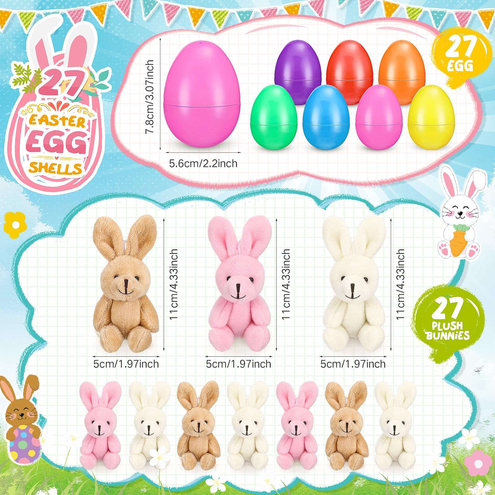 Halloscume 27 Set Filled Easter Eggs with Plush Bunny 4.33 Inch Colorful Bunnies Plush Plastic Easter Eggs Prefilled with Stuffed Animals for Kids Toddler Egg Hunt Easter Basket Stuffer Party Favors 3