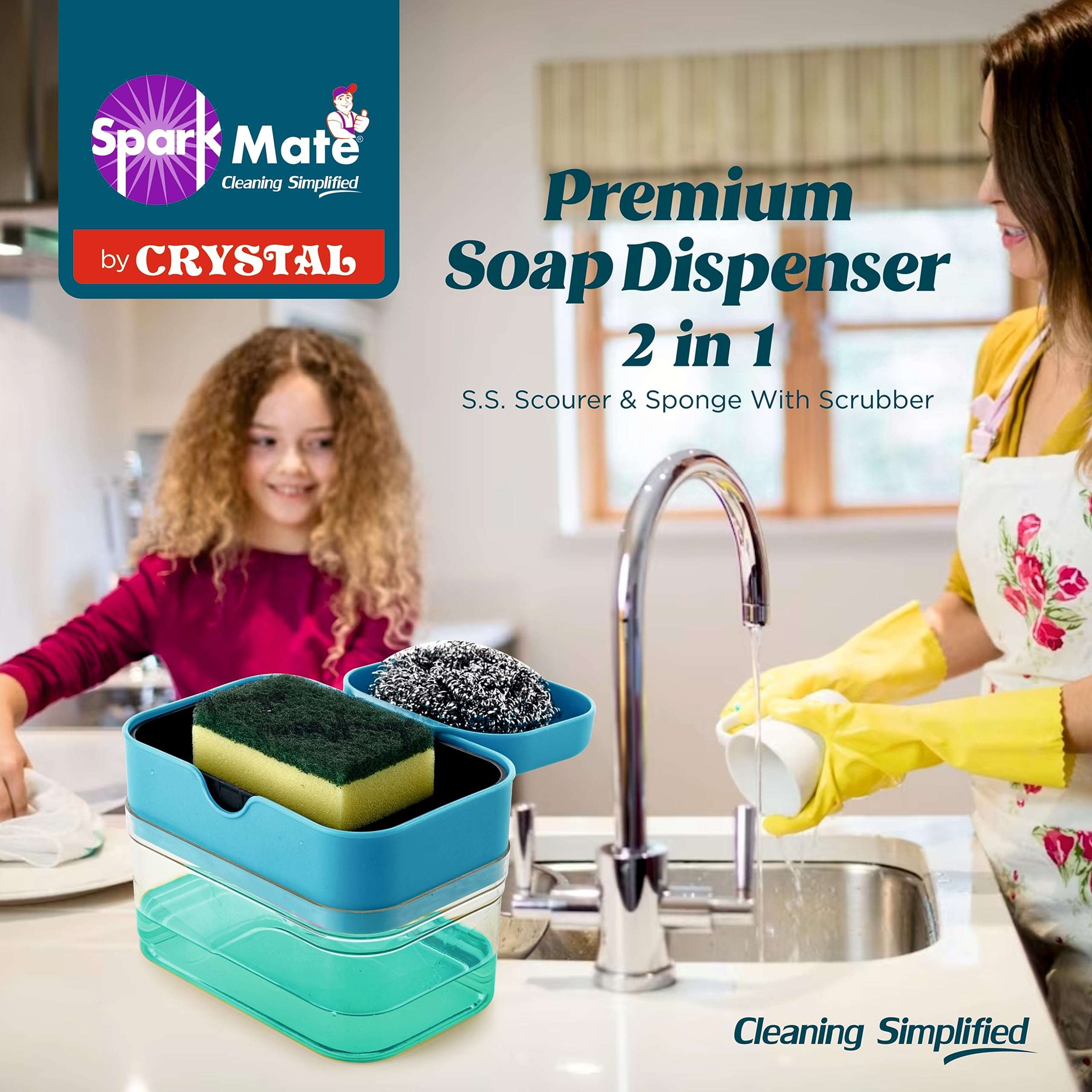 Sparkmate By Crystal Premium Soap Dispenser 2 in 1 - SS Scourer & Sponge with Scrubber 5