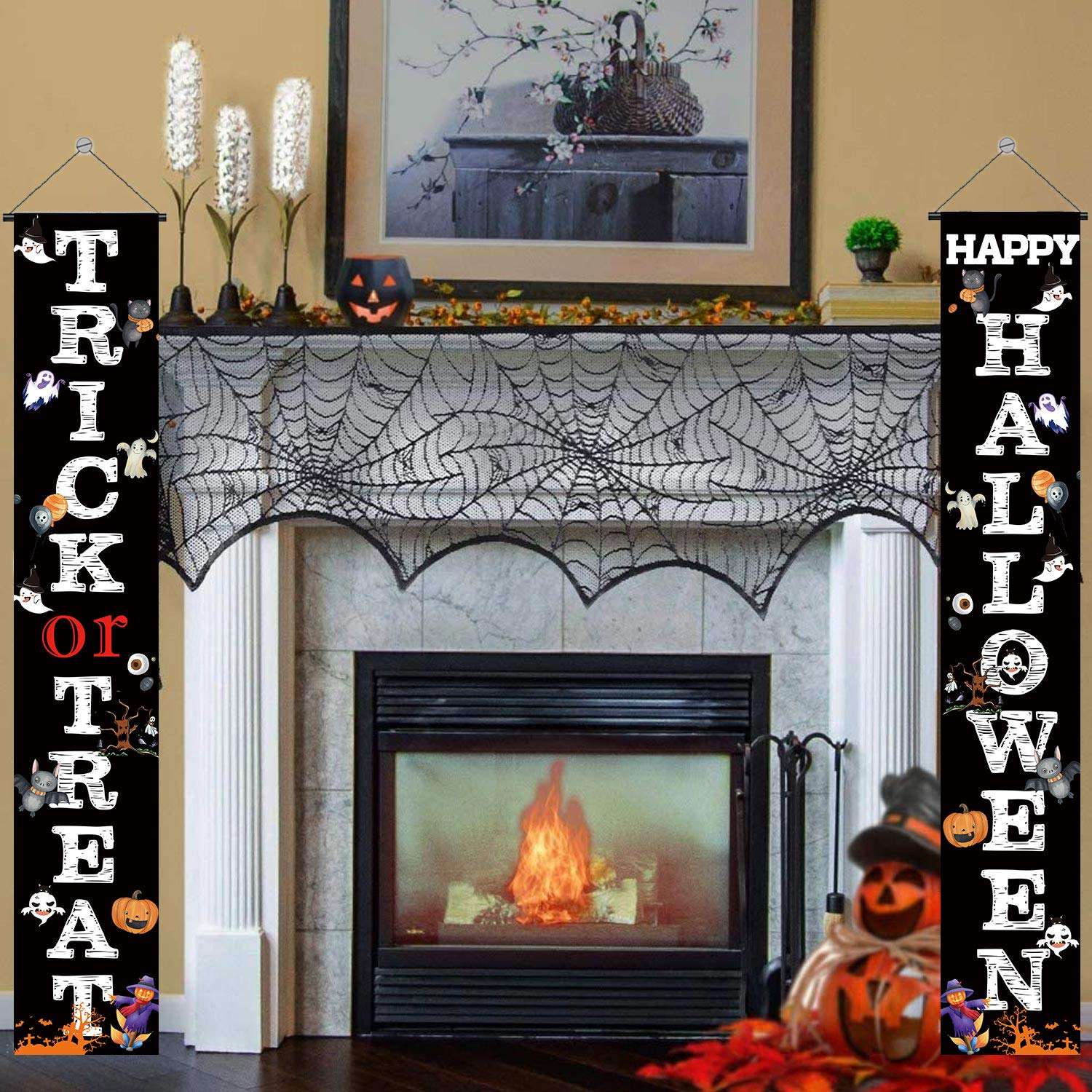 HAPPY HALLOWEEN TRICK OR TREAT Hanging Banner Porch Sign Pumpkin Ghouls Bat Cat Pattern Backdrop Flag For Indoor Outdoor Wall Door Decoration Happy Halloween Party Decorations 72"x12" 4