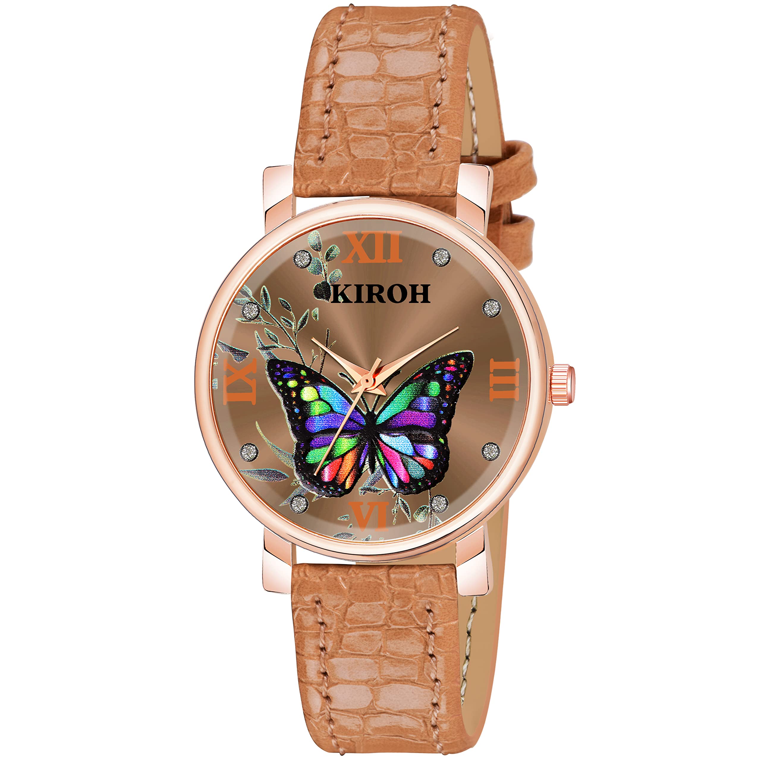 KIROH Analogue Butterfly Dial Unique Designer Leather Belt Women's and Girl's Watch (Brown)