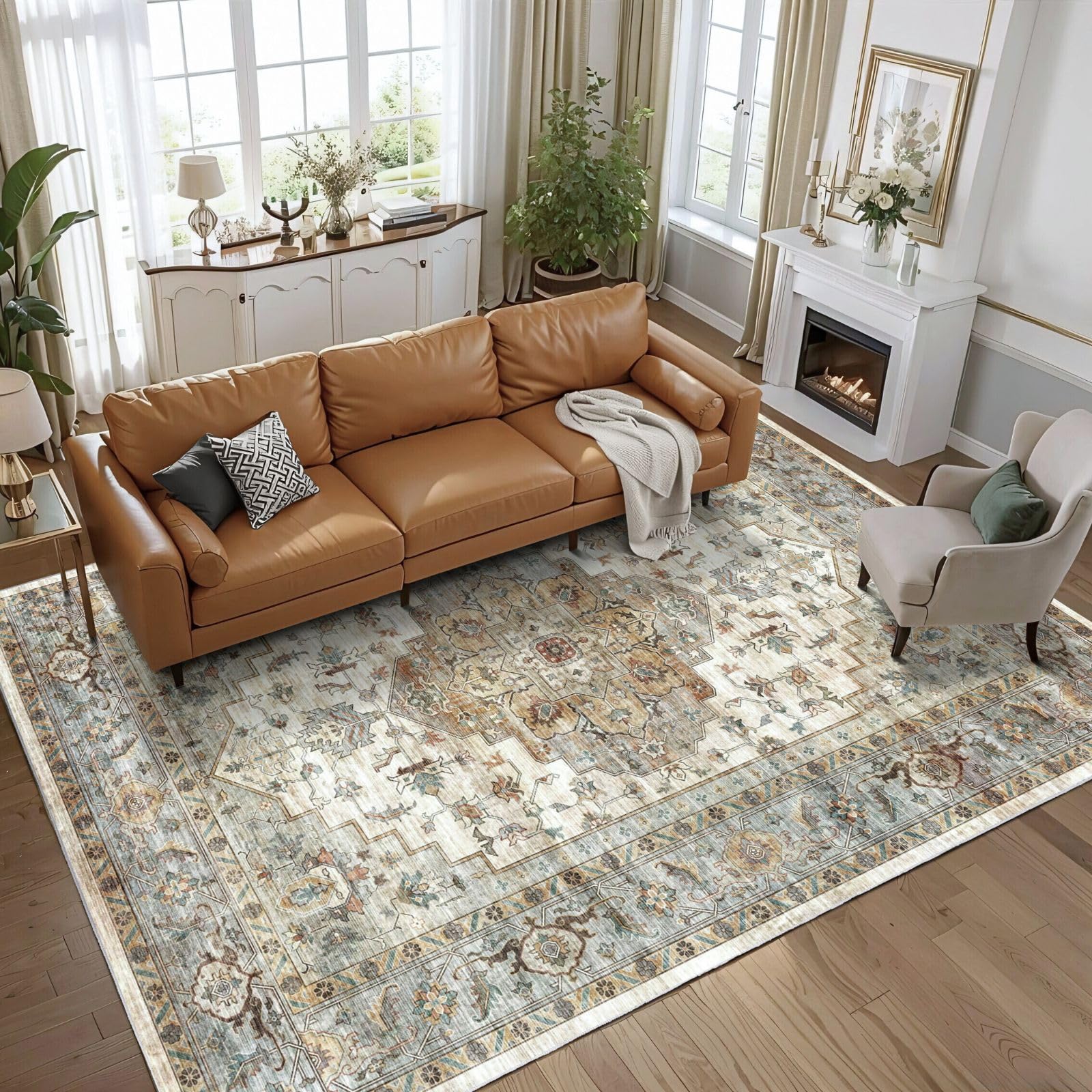 Syalife 4x6 Washable Area Rug, Ultra Soft Non-Slip, Low Pile, Stain Resistant Vintage Area Rug for Living Room,Boho Carpet for Bedroom, Dining Room, Office, Foldable Home Decor Rug, Multi Beige 6