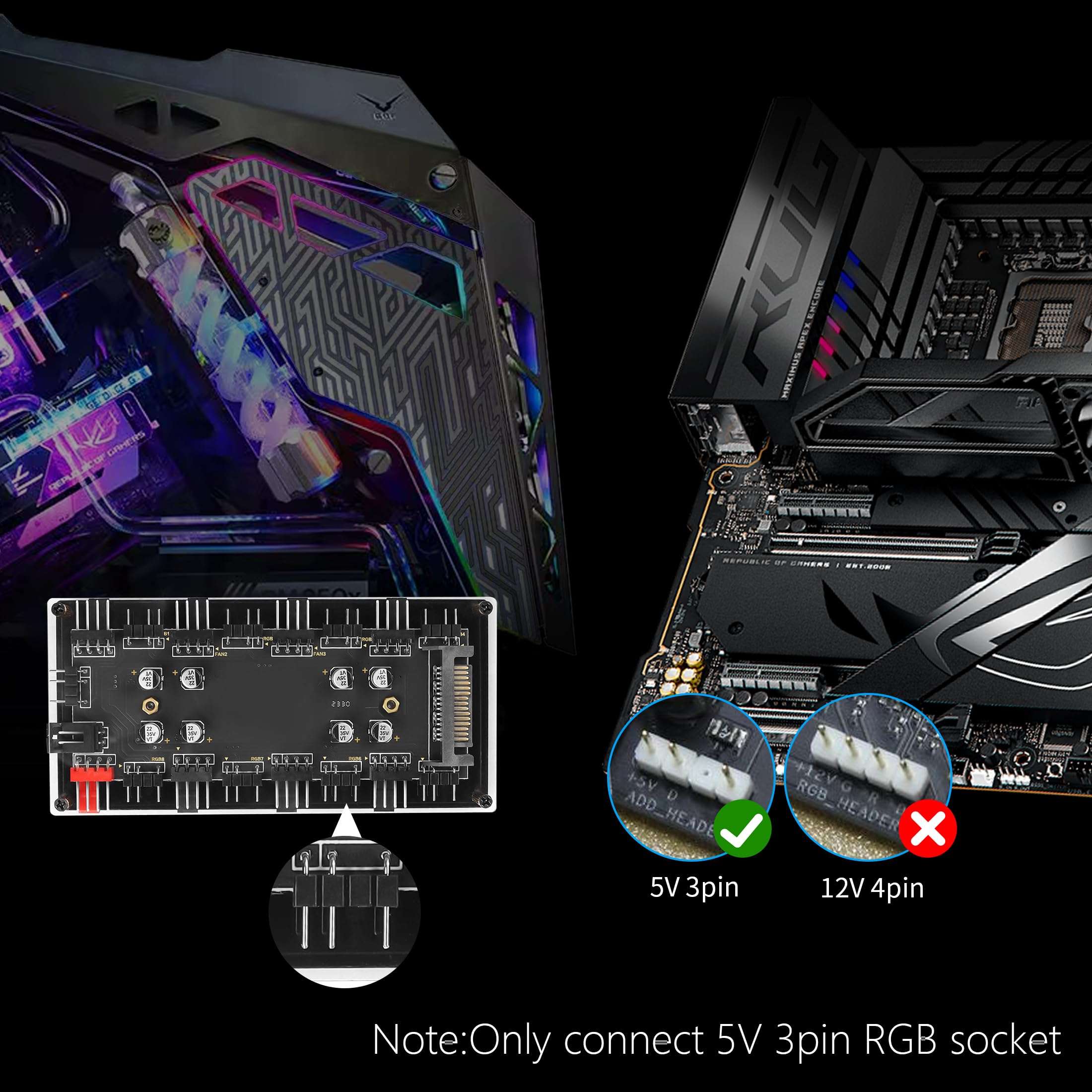 YACSEJAO 12V 4Pin PWM & 5V 3Pin ARGB 2-in-1 Hub with SATA 15-Pin Power 8 Way Sync RGB Lighting and Cooling Fan Extended Motherboard Interface 5