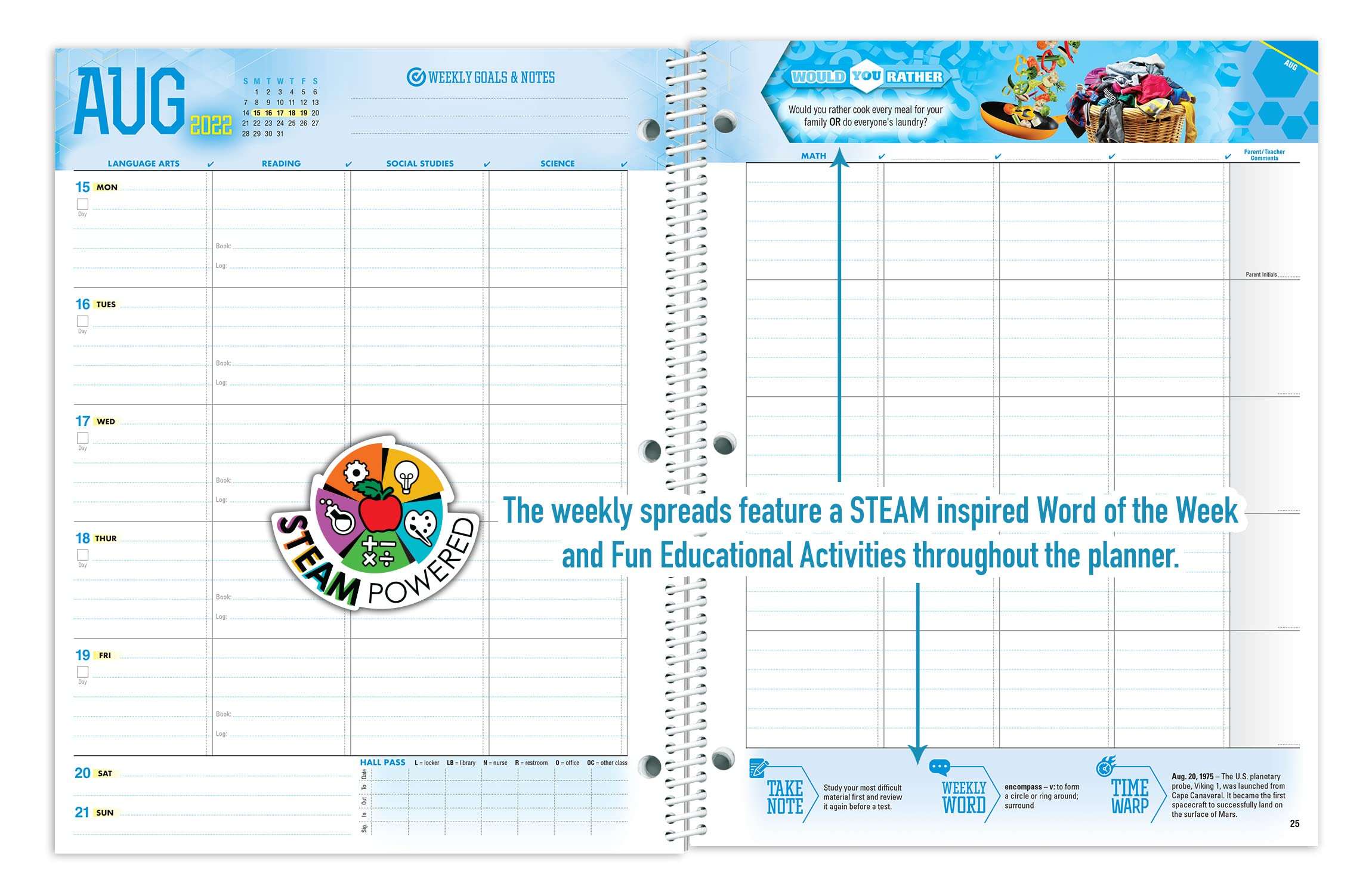 Dated Middle School Student Planner for 2022-23 Academic Year, School Mate Brand, 8.5"x11" Weekly Matrix Format 5