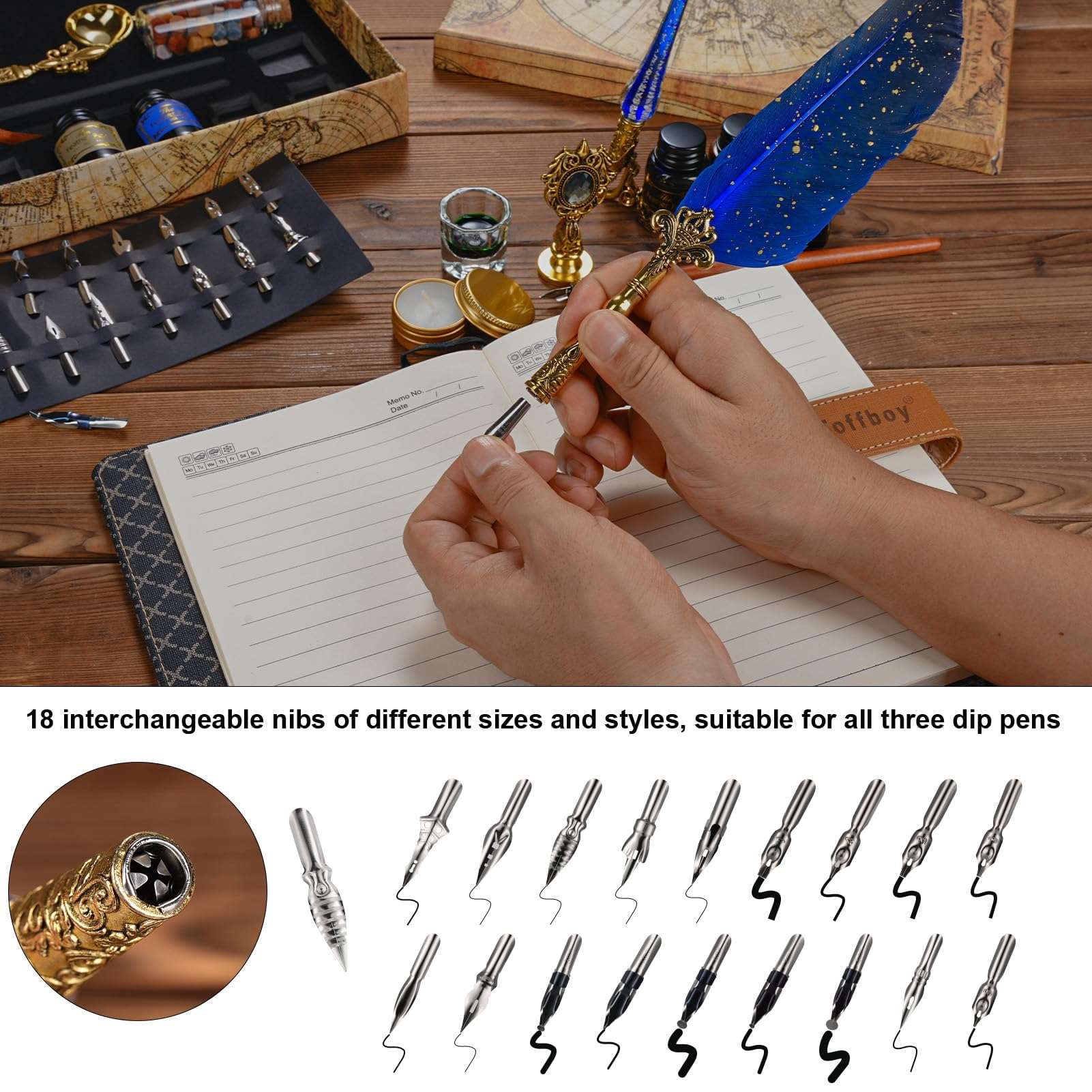 Antique Calligraphy Feather Pen Quill Pen and Ink Set for Beginners, Glass Dip Pen Wooden Dip Calligraphy Pen for Writing, Drawing, Signature, Wedding, Birthday, Blue 6