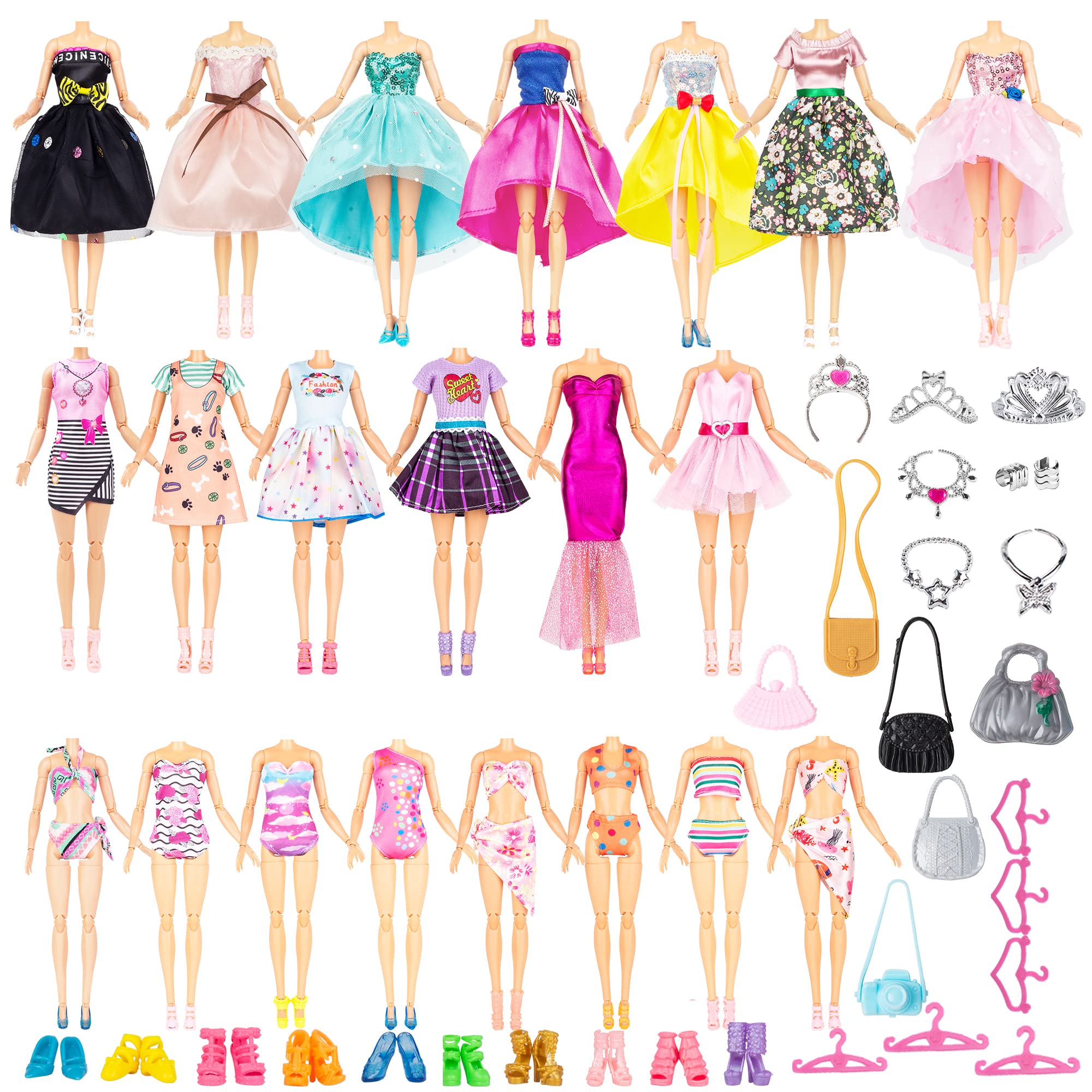 45 Pack Doll Dress and Accessories Include 5 Unique H-Douture Dress,5 Fashion Dress 5 Sets Swimsuit Bikini 5 Fashion Bags 9 Crown Necklace Bracelet Camera 6 Hanger and 10 Shoes 1