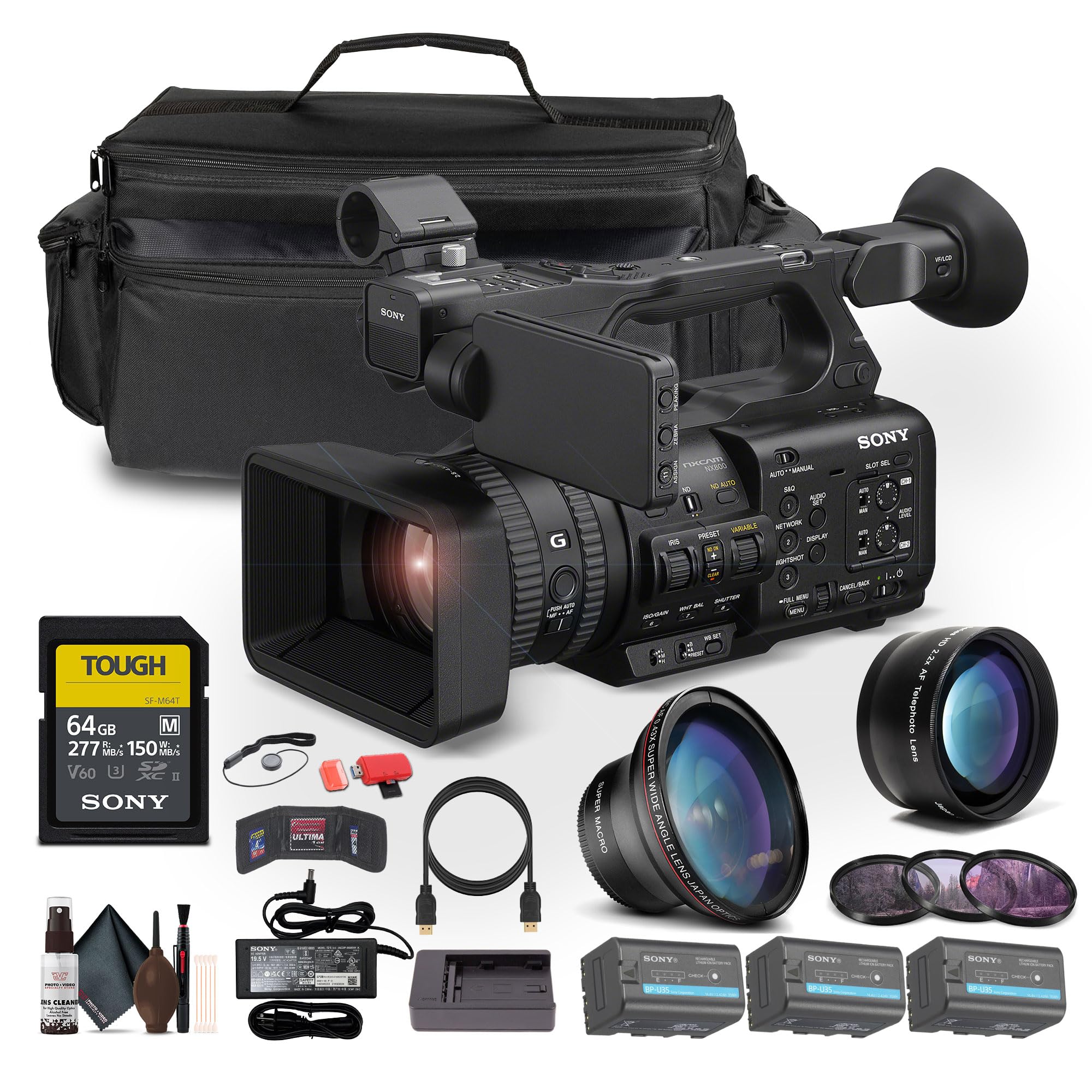 Sony PXW-Z200 4K 1" CMOS Sensor XDCAM Camcorder W/ 2 x BP-U35 Battery + 64GB SF-M Tough Series Memory Card + Large Case + Telephoto Lens + Card Reader + Filter Kit + Wide Angle Lens + More