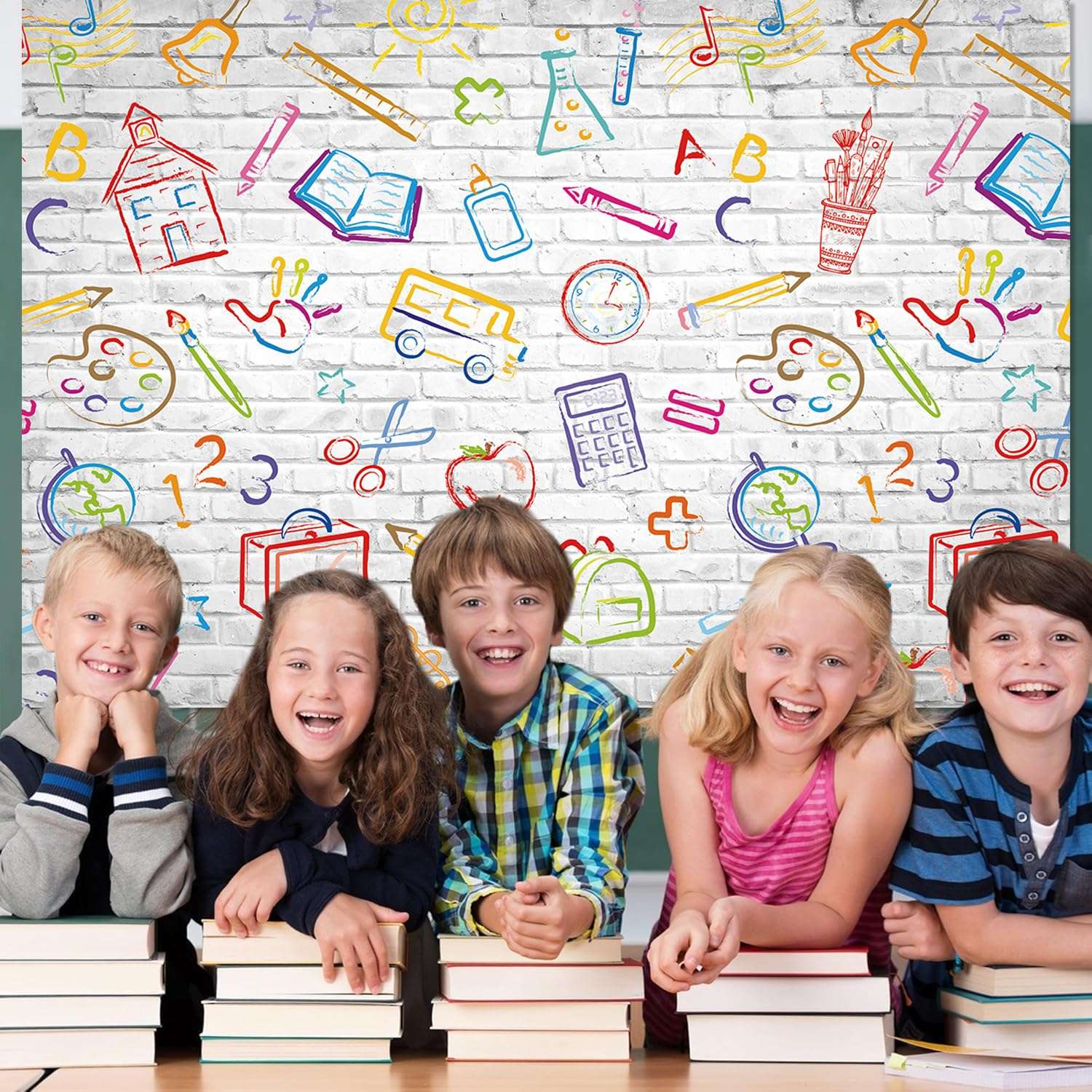 Back to School Backdrop Hand Painted Pencils Books White Brick Wall Photography Background First Day of School Banner Online Teaching Party Decorations Photoshoot Studio Props (10x8FT: 120x96 inch) 4