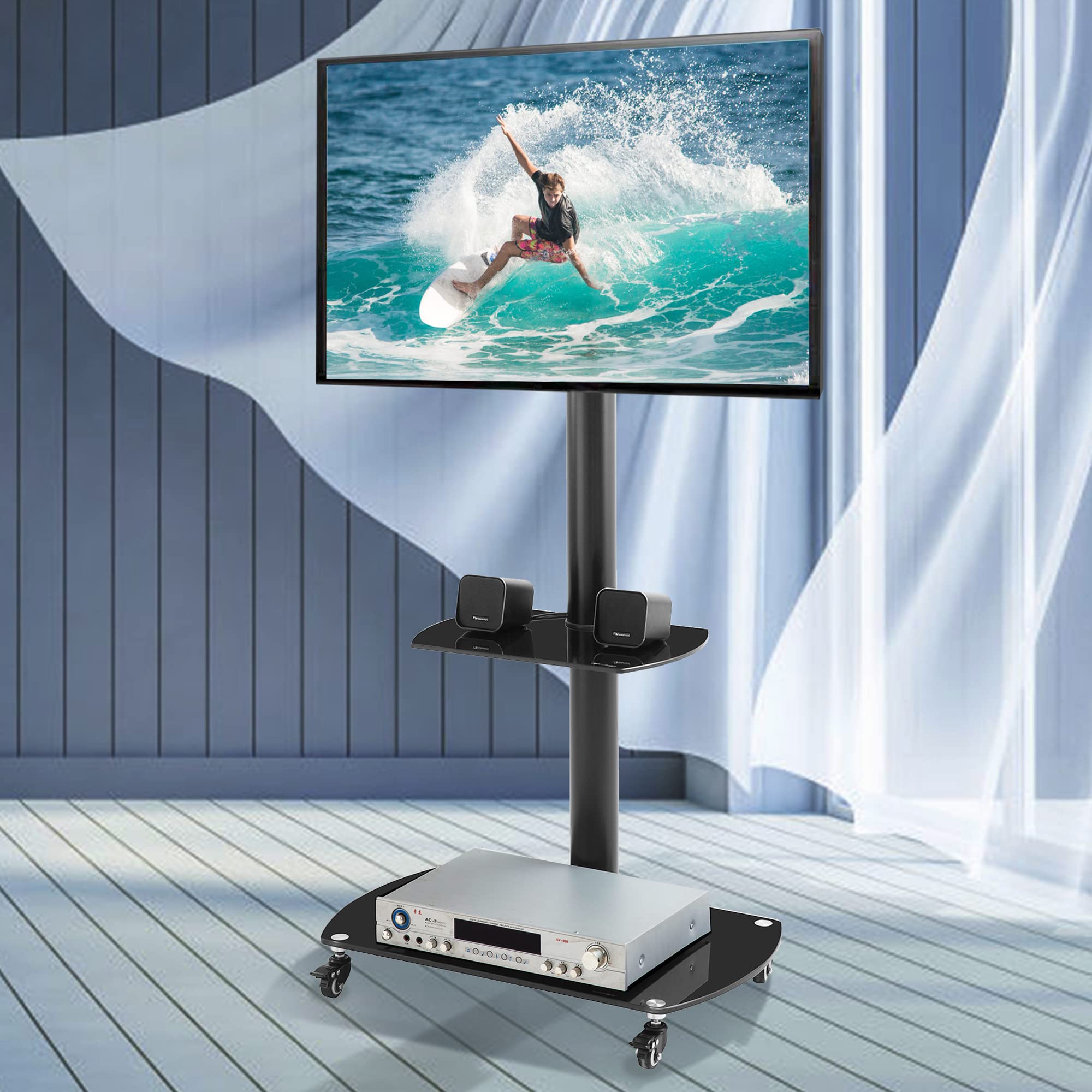 2 Tier Mobile TV Stand, Height and Angle Adjustable Multi-Function Tempered Glass Metal Frame with Lockable Wheels LCD/Plasma Floor TV Bracket for 32-65 inchs TV 1