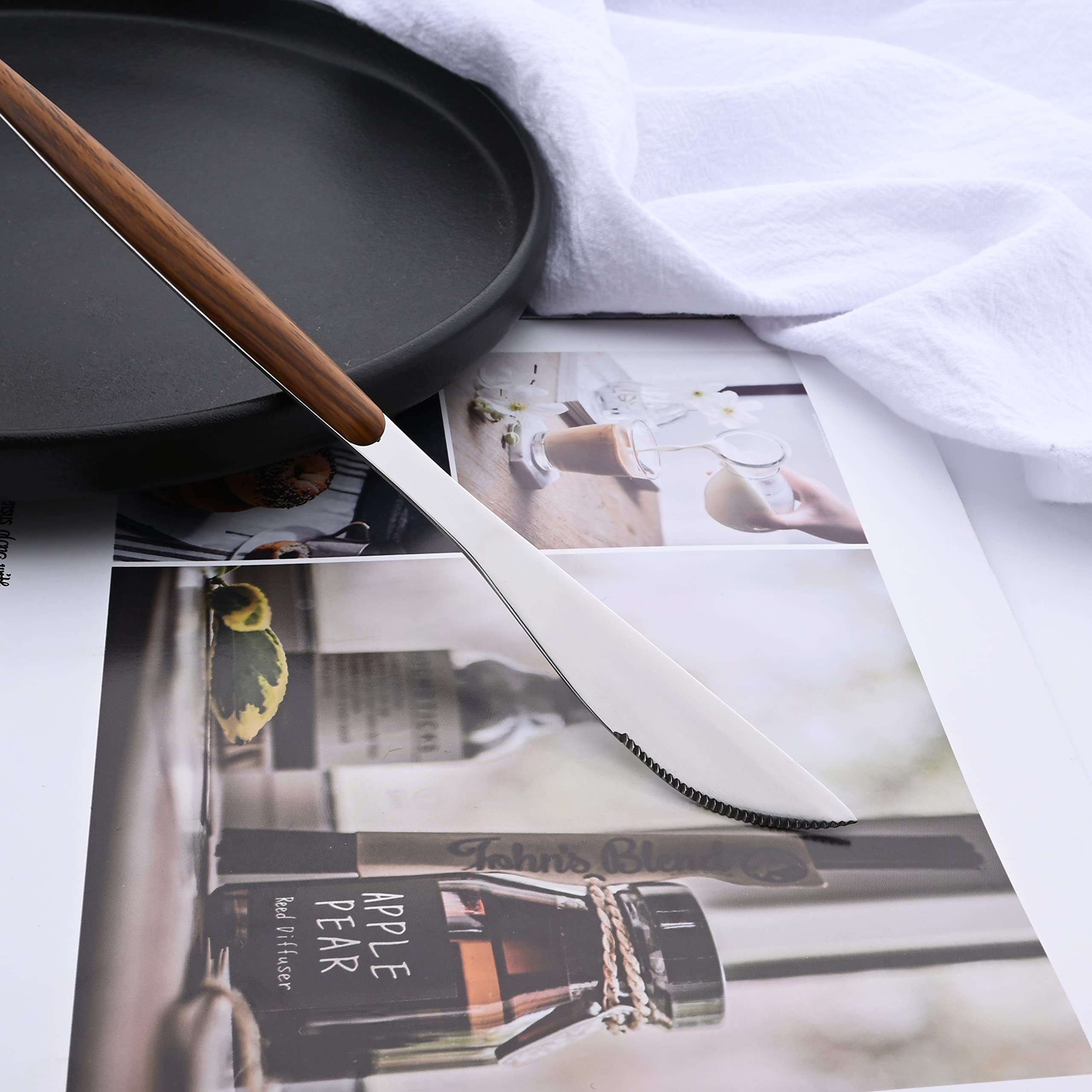 Uniturcky 6 PCS Silver Steak Knife With Wooden Effect Handle, Stainless Steel Dinner Knife Set for 6, Mirror Polished Table Knives Set for Home Hotel Restaurant, Easy To Clean 4