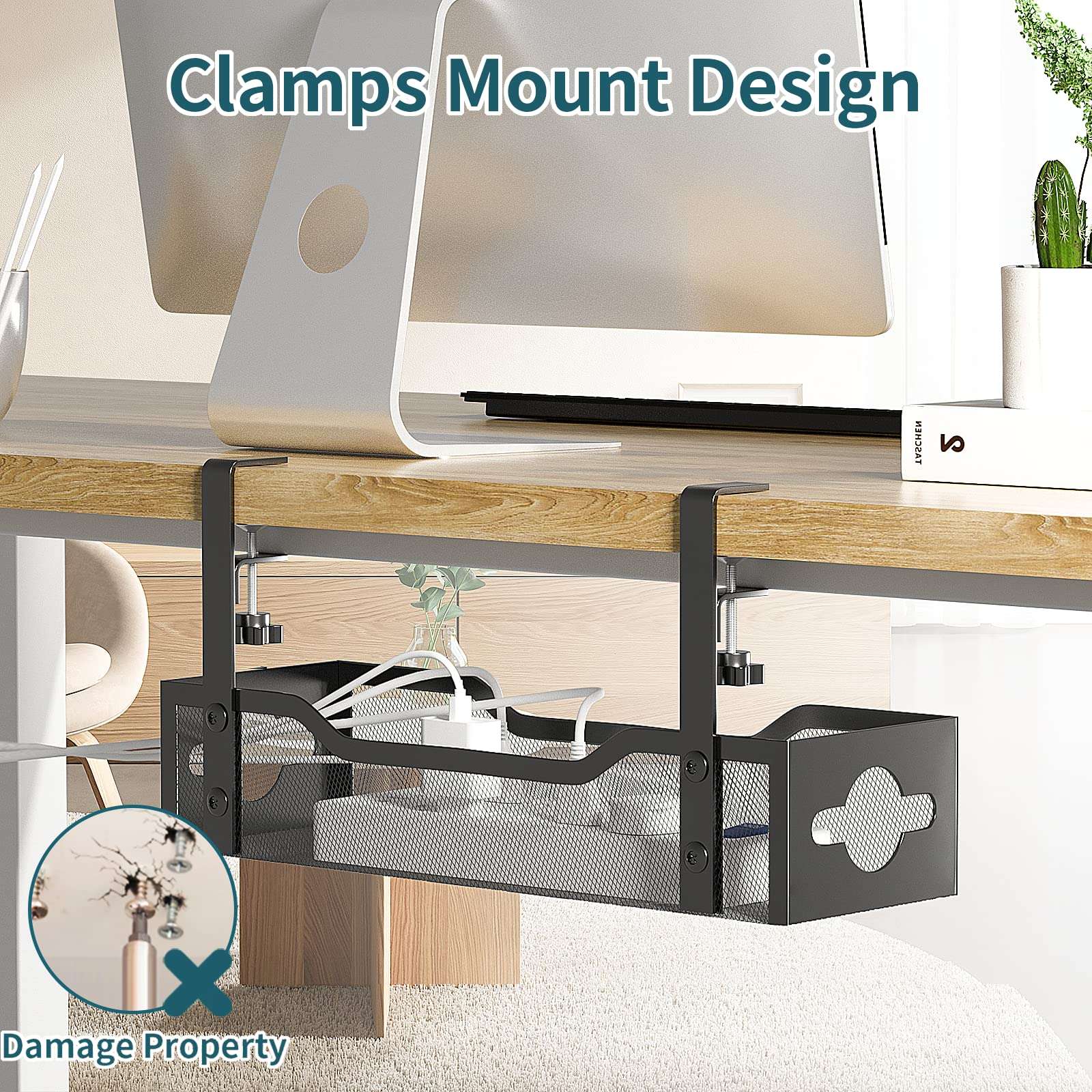 Under Desk Cable Management Tray No Drill, Metal Mesh Cable Management Under Desk with Clamp Mount, 2 Hole Cable Tray with Wire Management and Cord Organizer for Home Office Standing Desk 2