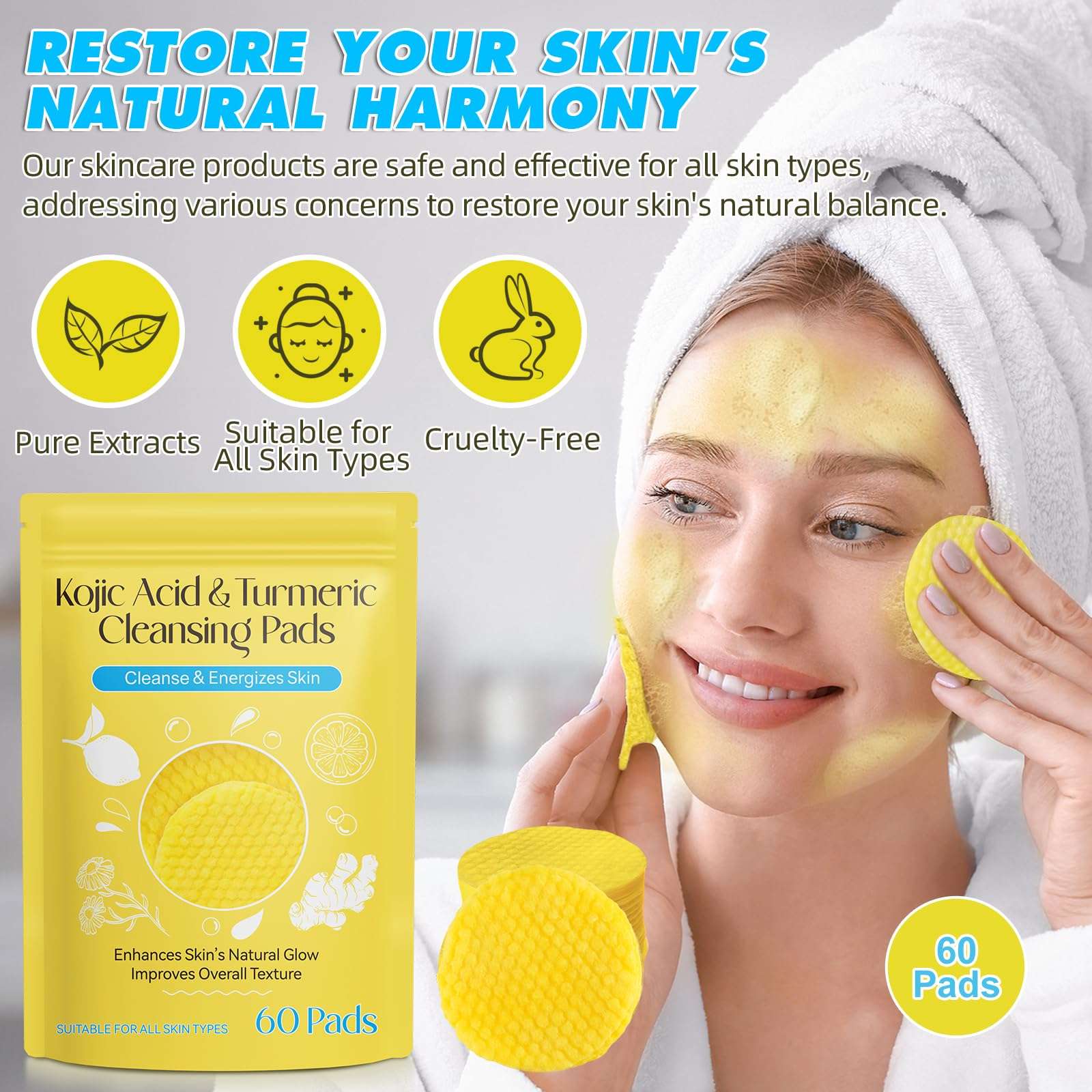Kojic Acid and Turmeric Cleansing Pads, 60PCS Turmeric Kojic Acid Pads, Turmeric Cleansing Pads for Face Dark Spots, Deep Clean, Foaming Turmeric Exfoliating Pads - Less Mess, Safe For All Skin Type 3