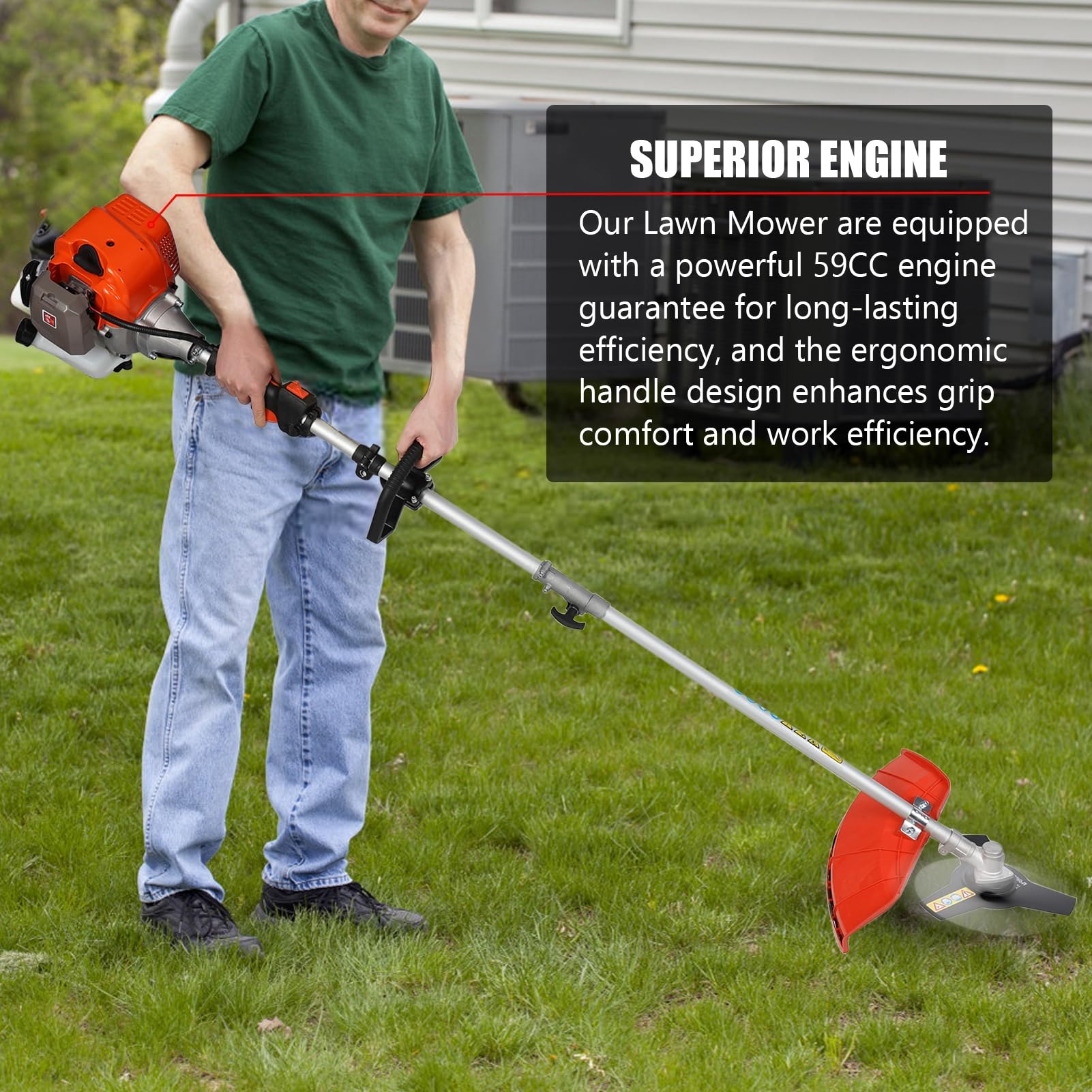 52CC Petrol Grass Strimmer Cordless, 5 in 1 Garden Brush Cutter, Extendable Hedge Trimmer Long Reach, Line Strimmer with 134 Extension Pole, Pole Pruner & Chainsaw for Patio Yard Lawn Red 4