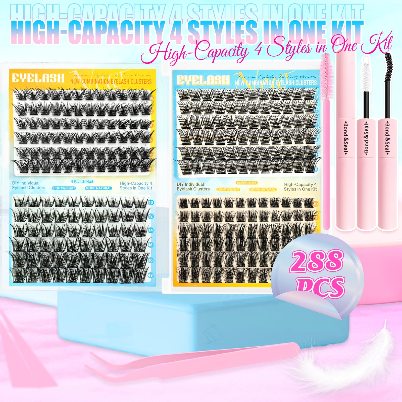 DIY Lash Clusters Extension Kit, 288pcs Natural Wispy Eyelash Clusters with Glue Tools for Home Application, 10-18mm D Curl Complete Starter Kit for Beginners 4