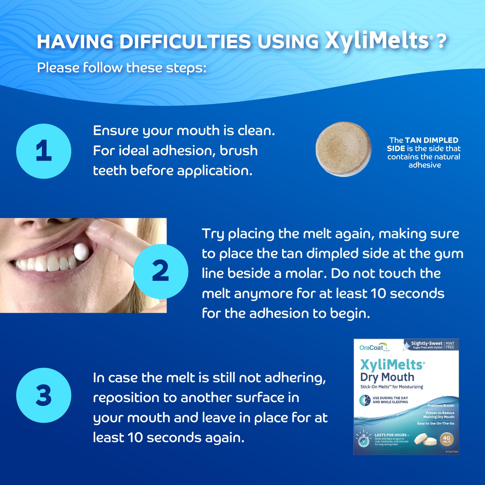 Oracoat XyliMelts for Dry Mouth Night Time or Day - Moisturizing Dry Mouth Adhering Discs, Sugar Free with Xylitol, 40 Count, Slightly-Sweet Flavor, 8-Hour Relief 3