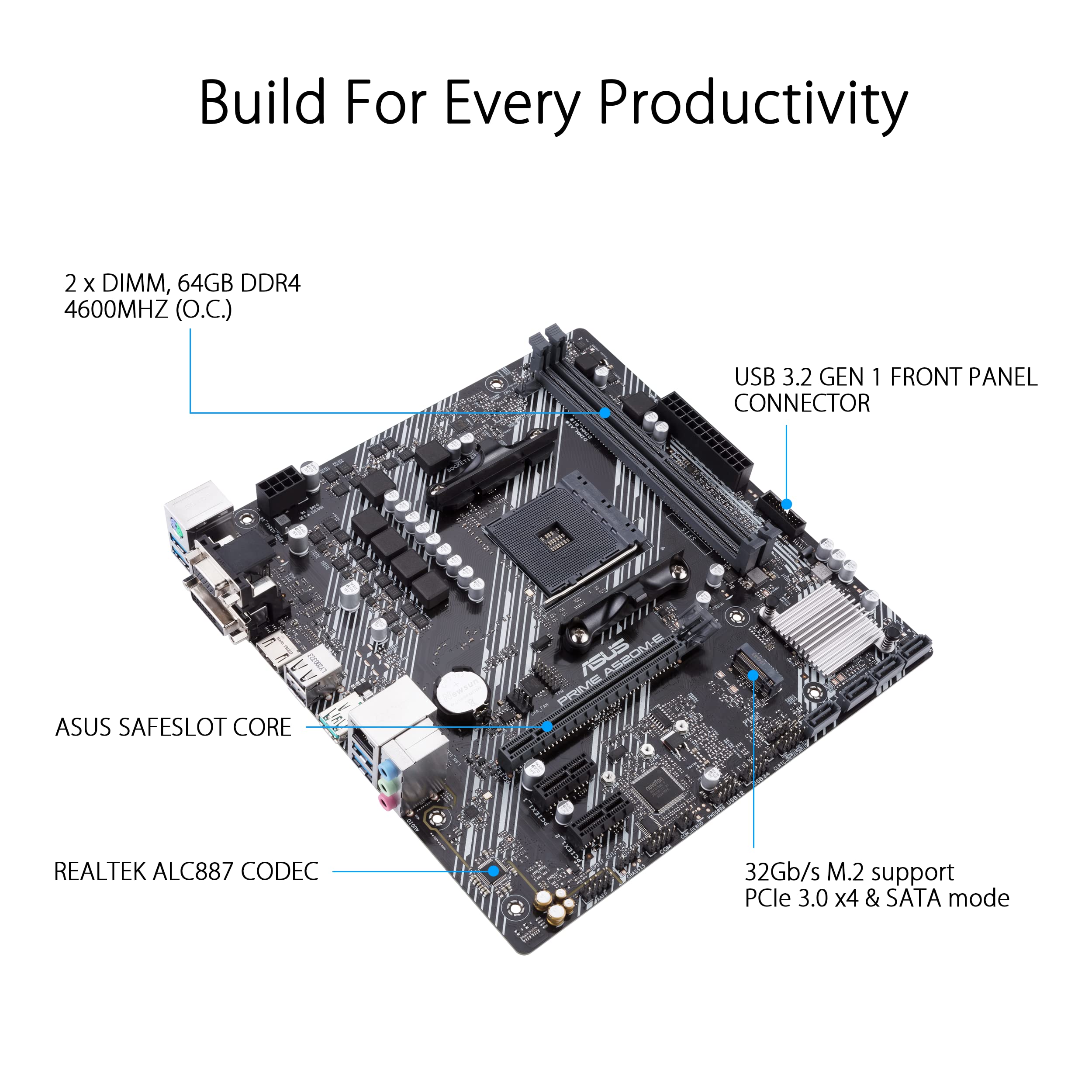 Asustek Computer Prime A520M-E AMD A520 (Ryzen AM4) Micro ATX Motherboard with M.2 Support, 1 Gb Ethernet, HDMI/DVI/D-Sub, SATA 6 Gbps, USB 3.2 Gen 2 Type-A 3