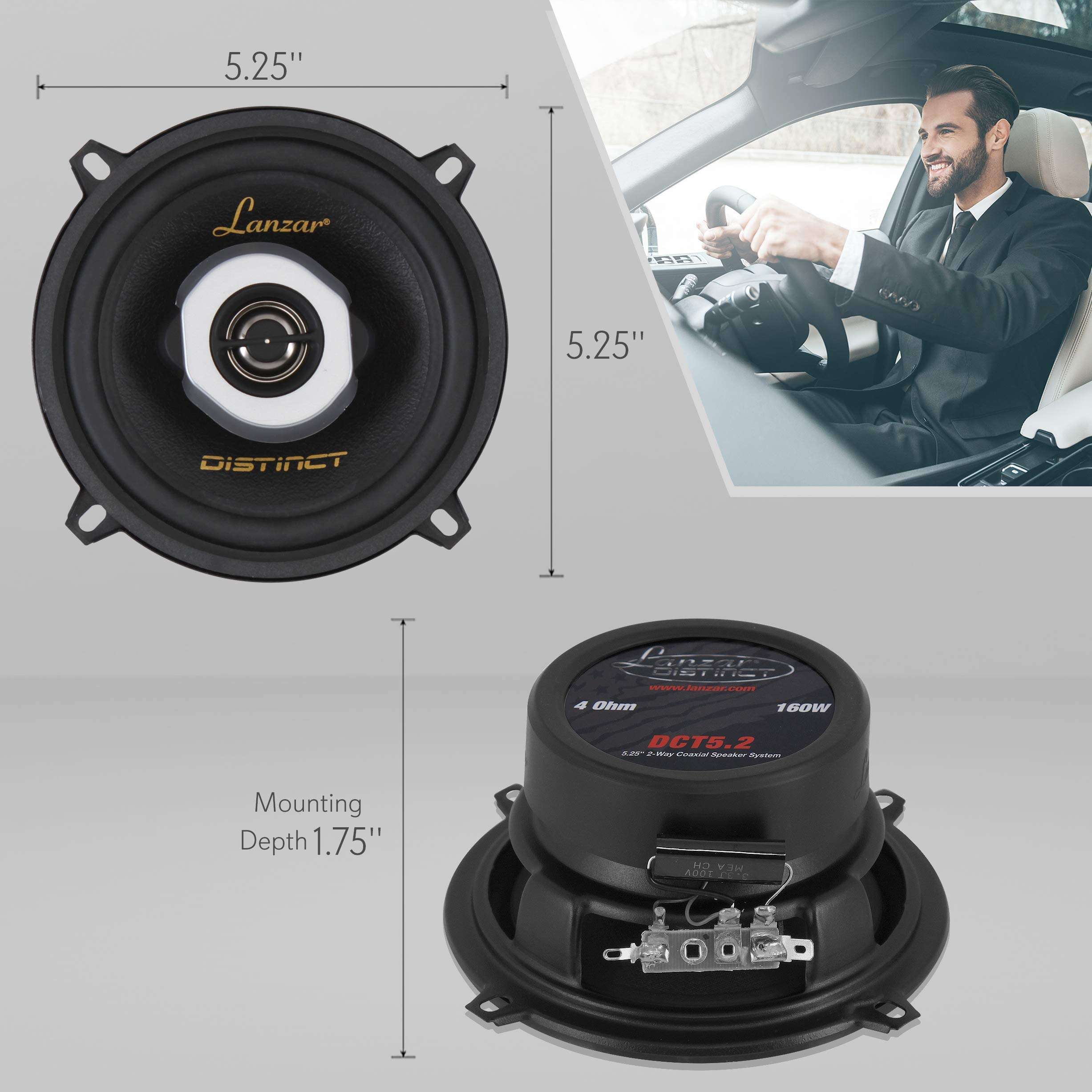 Lanzar Distinct 5.25” -in. Car Stereo Speaker Pair | 2-Way Pro Audio Component Speakers | Universal OEM Replacement | 160 Watt MAX (DCT5.2) 3