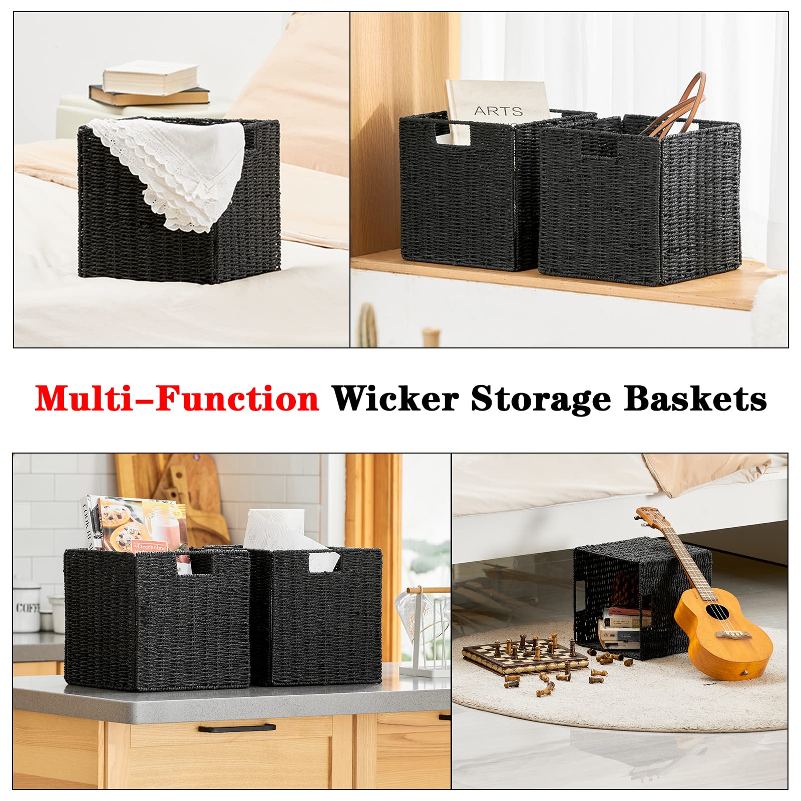 Vagusicc Storage Basket, Set of 2 Hand-Woven Paper Rope Wicker Baskets, Foldable Storage Bins, Large Wicker Storage Square Baskets for Decor & Organizing, Black (11″×11″×11″) 5