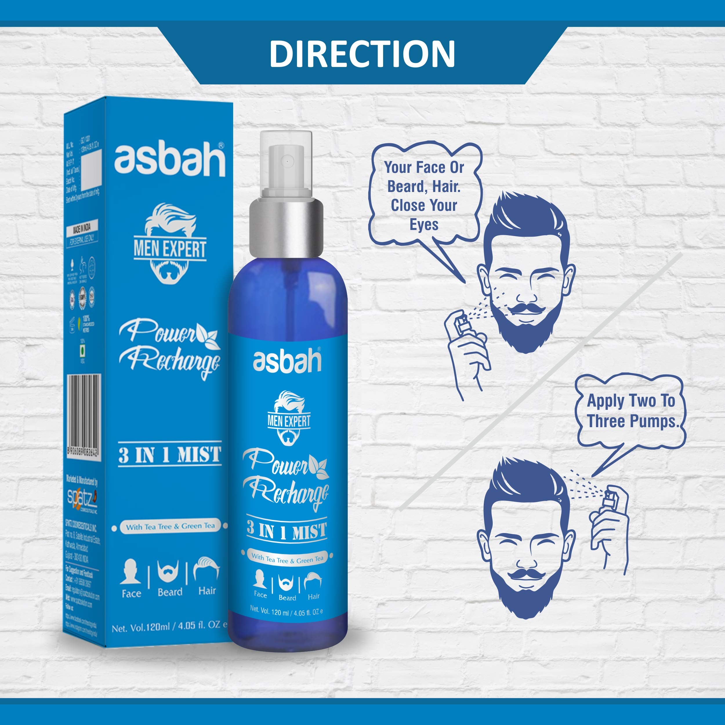 Asbah Men Expert 3 in 1 Mist For Face, Beard & Hair, Deep Cleansing, Waterless Face cleanser, Beard & Hair Conditioner 120ml 6