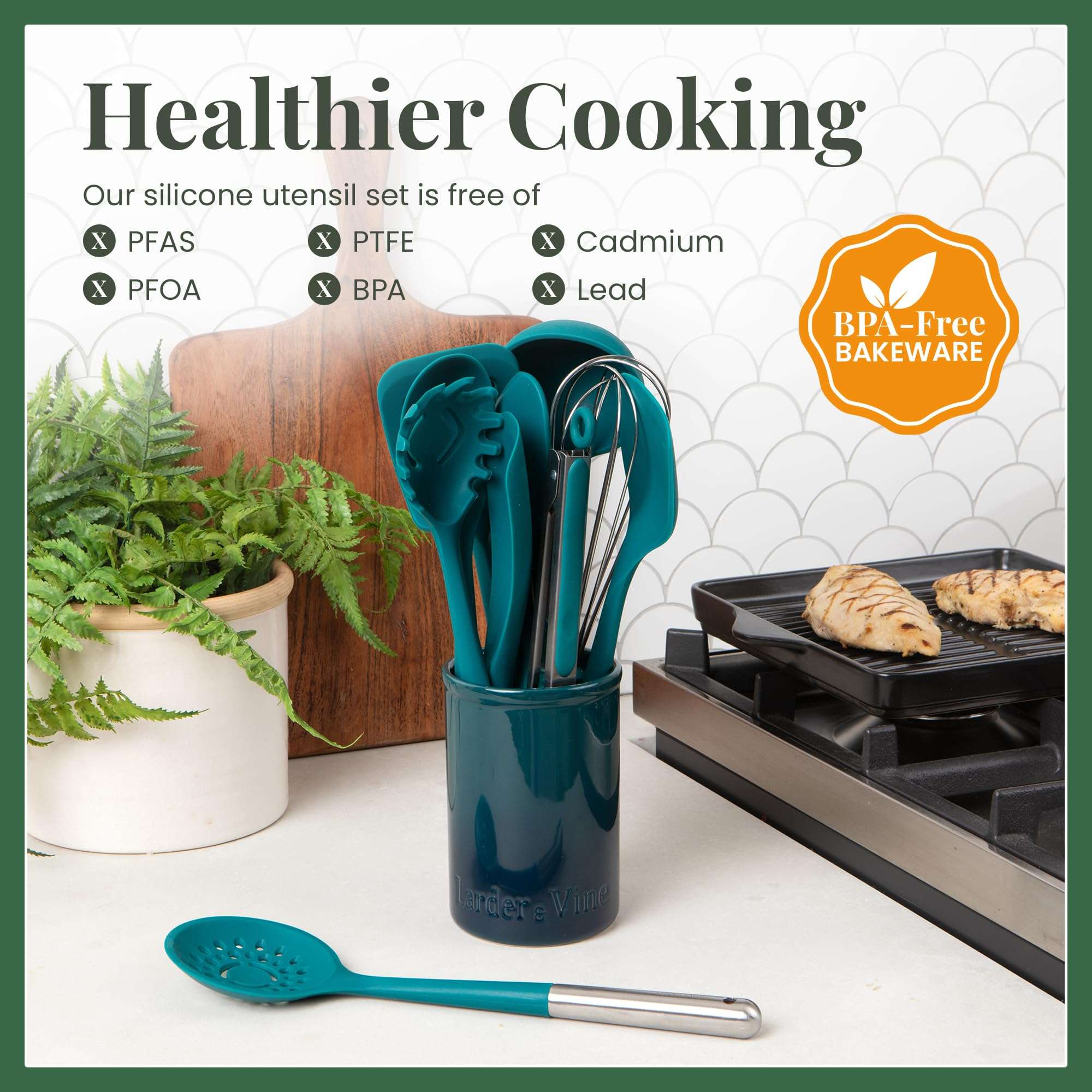 12-Piece Silicone Cooking Utensils Set | Silicone Utensils with Stainless Steel Handle and Ceramic Holder | Kitchen Utensils Set | Dishwasher Safe Set of Kitchen Essentials | Cabernet 4