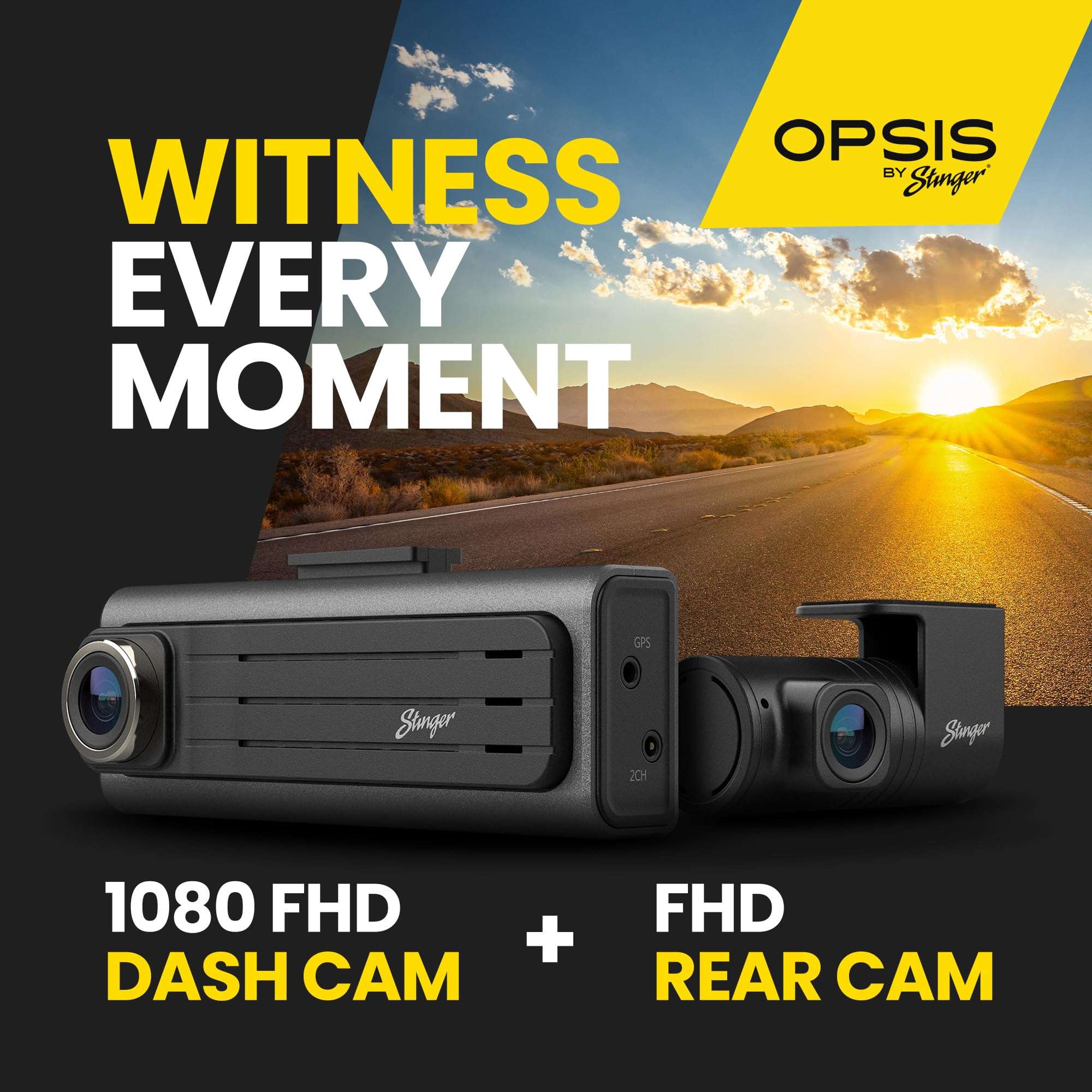 Stinger OPSIS Universal Full HD (1080p) Front & Rear Dash Camera, ADAS, Mute Notifications, Smart App, 32gb MicroSD Included 3