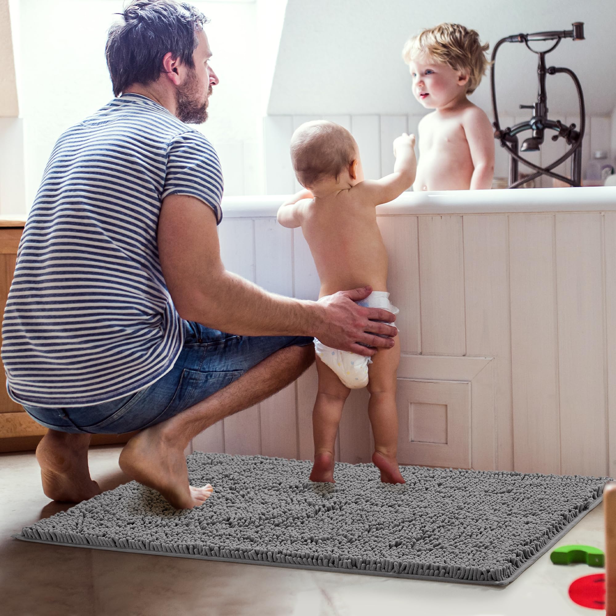 Deconovo Bathroom Rugs, 47"x27.5", Super Soft Plush Chenille Bath Mat, Machine Washable Absorbent Shower Rug, Non-Slip Rubber Backing for Bathroom Shower Entryway Door, Grey 3