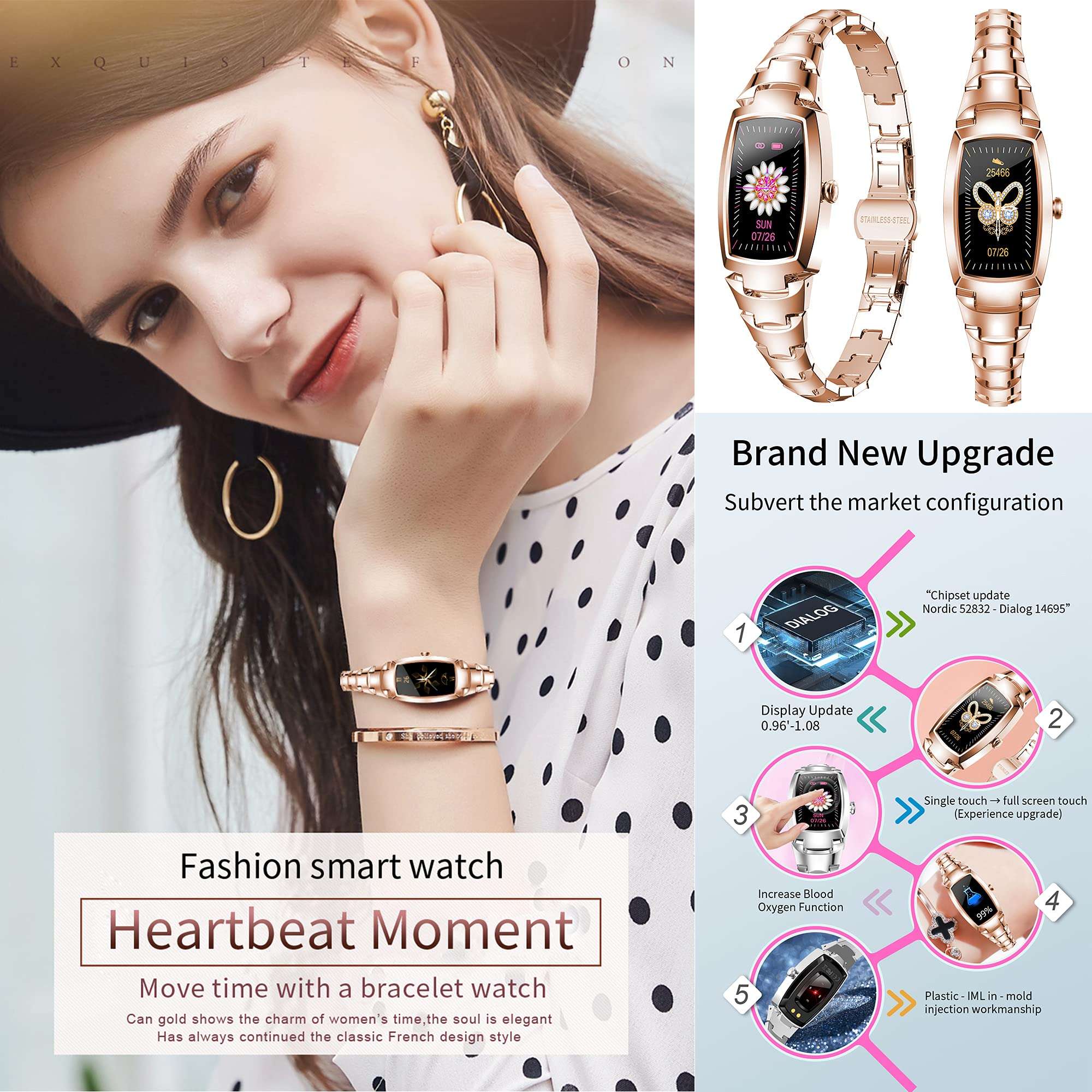 Yomier Smart Watch for Women, Waterproof Fitness Tracker with Blood Pressure Heart Rate Oxygen Sleep Monitor Message Notification Sport Pedometer, Smartwatch Bracelet iOS Android Phones (Gold) 3