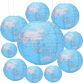 10Pcs 10 Inch Around The World Paper Lanterns, Globe Hanging Paper Lantern Travel Themed Party Decor World Map, Classroom Earth Day Partys Decorations for Home Earth Theme Party Decor 1