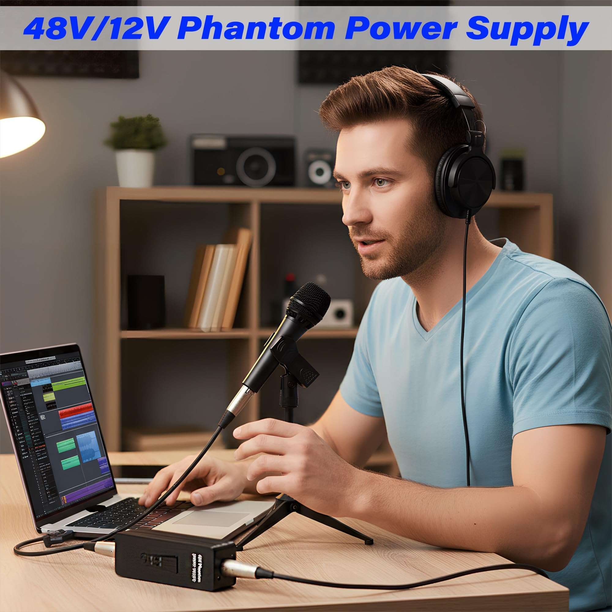 Phantom Power Supply, 48V 12V Rechargeable Portable Phantom Power Supply with LCD Display for Condenser Microphone Shotgun Mic, for Interview Audio Interface Recording Studio Sound Mixer 3