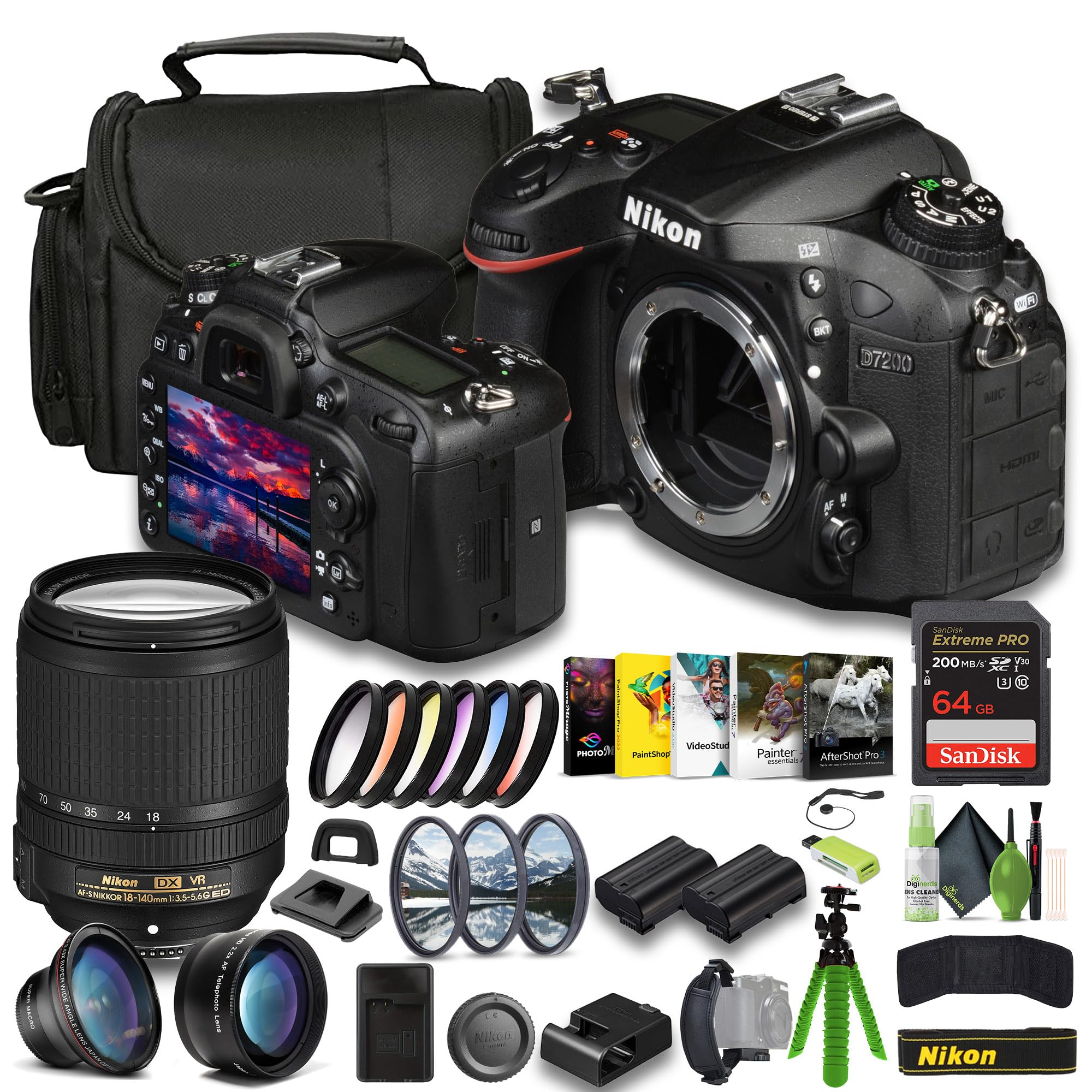 Nikon D7200 24.2 MP DX-Format Digital SLR Camera + EN-EL15C Battery + Extreme PRO 64GB Card + Photo Editing Software + Lens Cap AF-S DX NIKKOR 18-140mm f/3.5-5.6G ED VR Lens + More 1