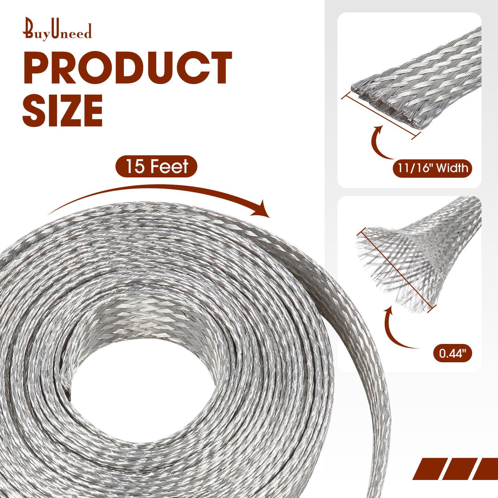 Tinned Copper Wire Grounding Braid Cable Shielding Sleeve Metal Wire Sheathing Flat Mesh Flexible Expandable (11/16 in Wide(0.44 in Dia)-15ft) 3