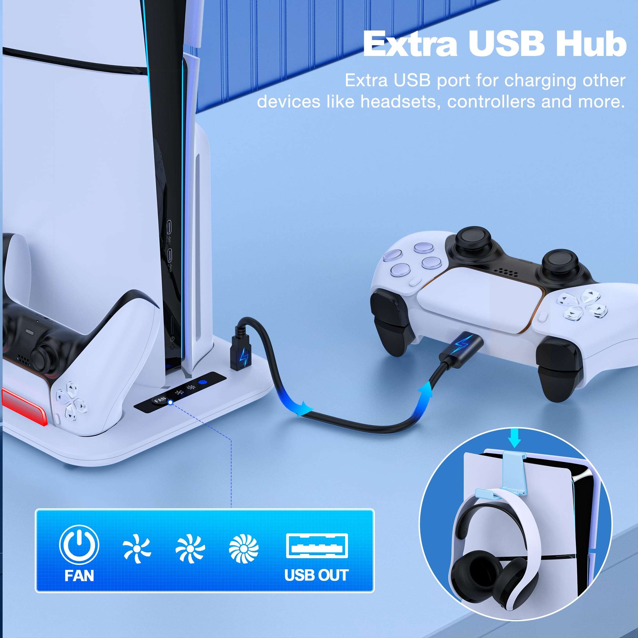 PS5 Slim Stand and Cooling Station with Dual Controller Charging Station for Playsation 5 Slim Disc/Slim Digital Console,PS5 Slim Accessories with 3 Levels Cooling Fan & Headset Holder 6