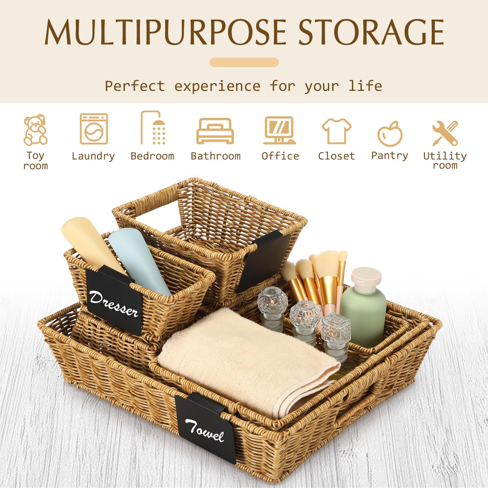 Marsui Wicker Storage Baskets with labels Set Of 9 Handwoven Multi-size Brown Storage Bins For Organizing Small Baskets Container with handle for Shelves Closet Baskets Pantry Toilet(Primary Colour) 5