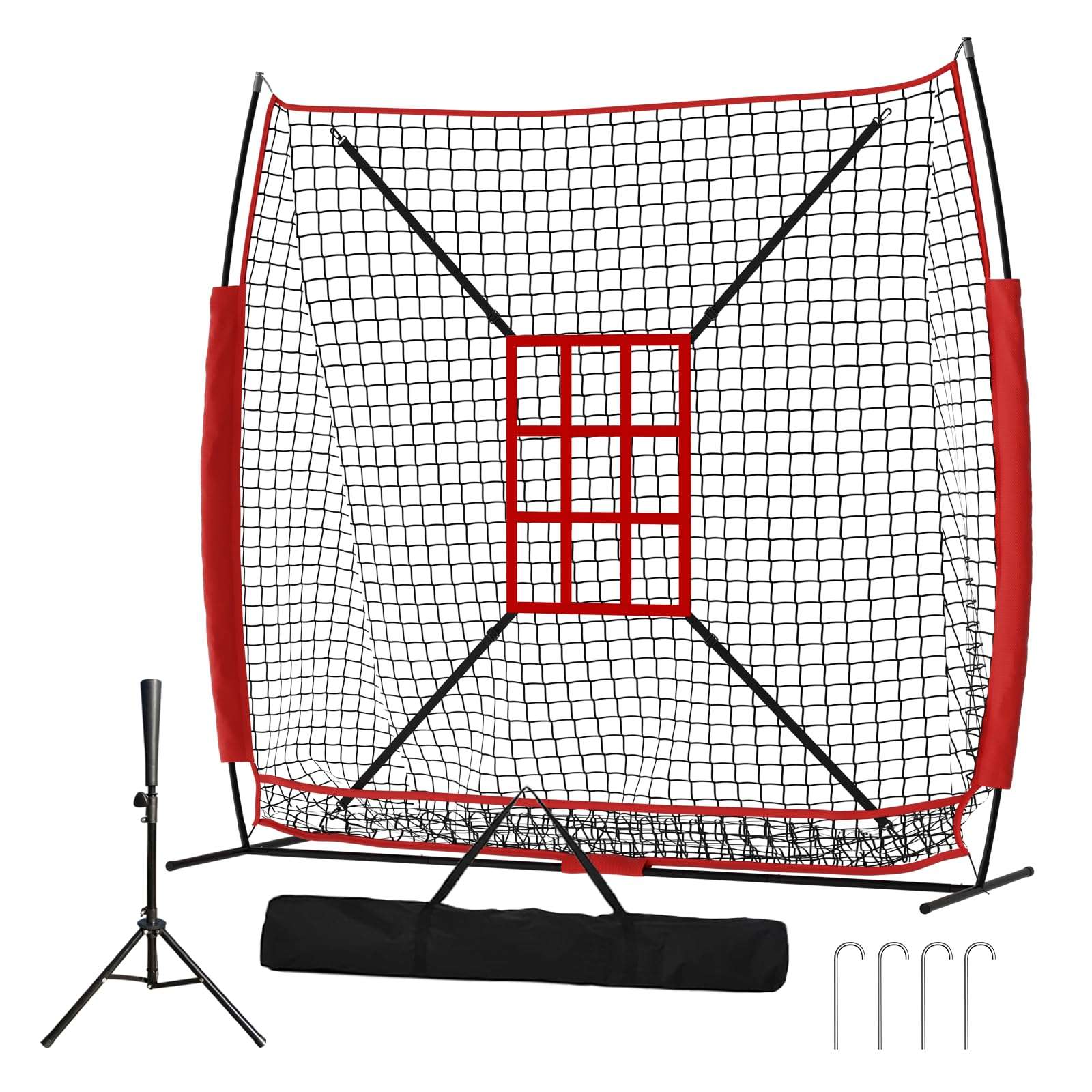 Vaolvpant 7x7 Ft Baseball & Softball Practice Hitting & Pitching Net with Strike Zone and Carry Bag Easy Installation Portable Baseball Pitching Net for Indoor/Outdoor Use with Tee 1