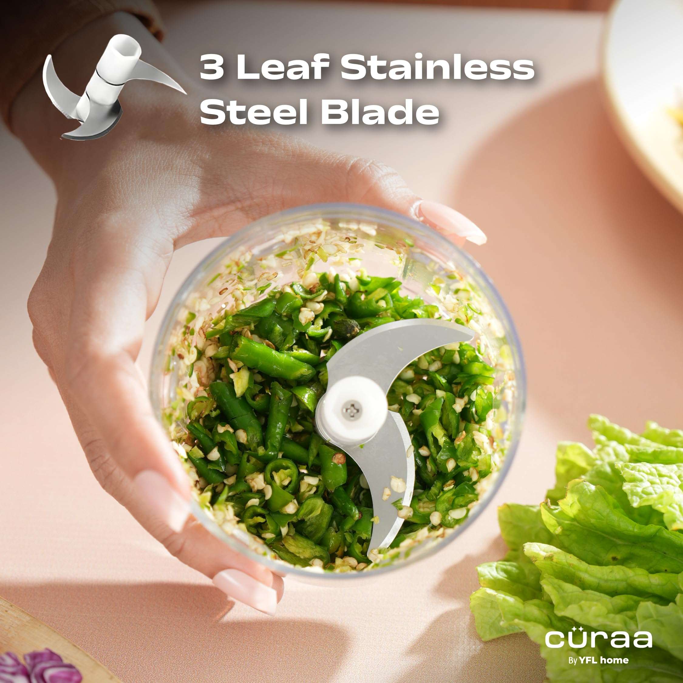 Cüraa ChopLab Neo, Mini Electric Chopper for Kitchen | Portable Food Processor with Stainless Steel Blade | Rechargeable, Ideal for Mincing Garlic, Ginger, Onion, Vegetable & Nuts 250 ml 5