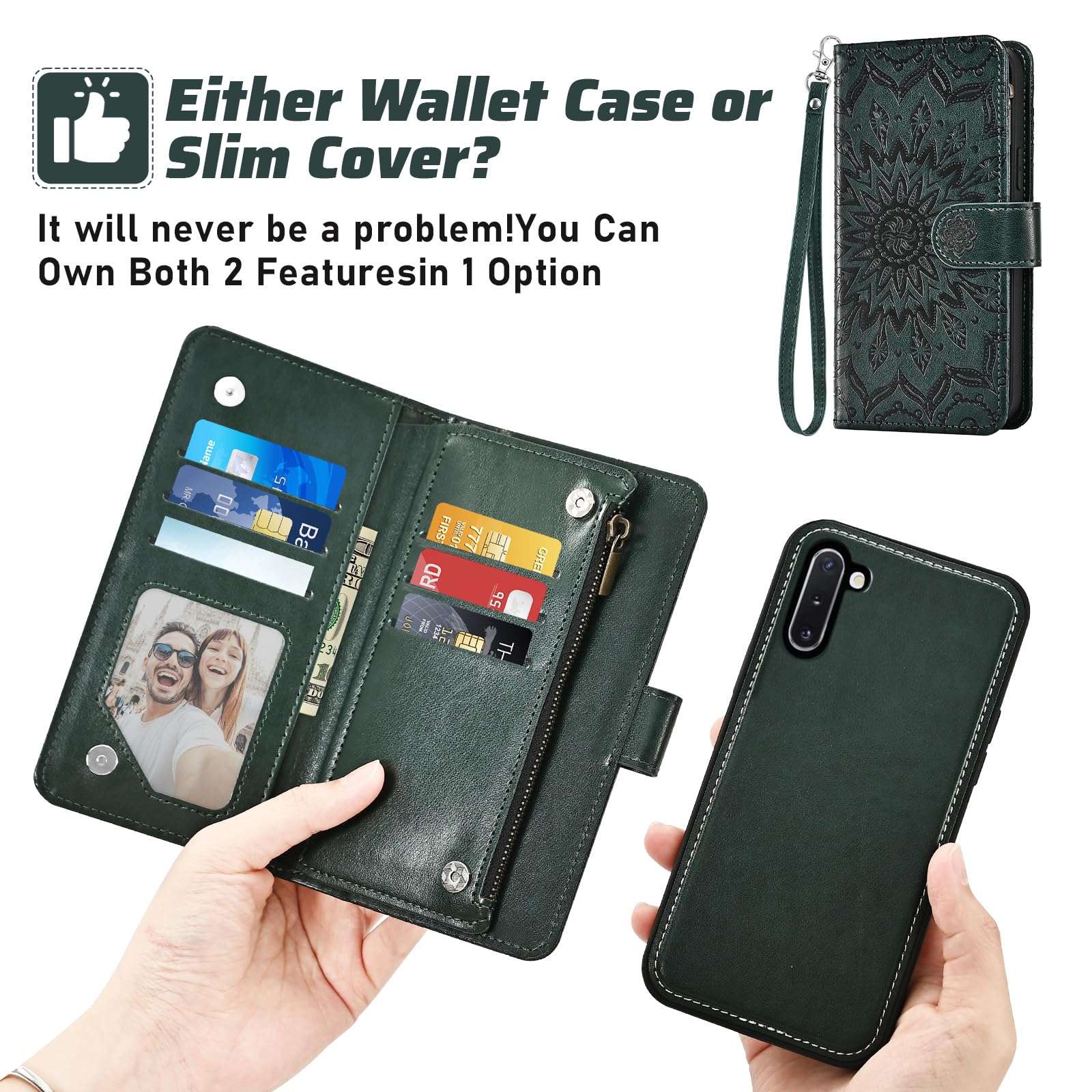 Asuwish Phone Case for Samsung Galaxy Note 10 5G Zipper Wallet Magnetic Detachable Cell Cover with Screen Protector Crossbody Lanyard Strap Flip Card Holder Slot Note10 6.3" (2019) Men Dark Green 5