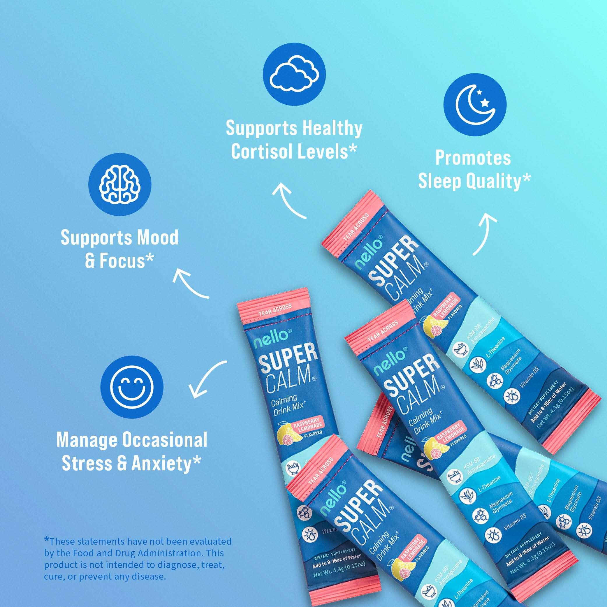 Nello Supercalm Powdered Drink Mix, Raspberry Lemonade, L Theanine, Ksm-66 Ashwagandha, Magnesium Glycinate, Vitamin D 3, Supplements for Relaxation & Focus, No Sugar, Non GMO, On The Go, 20 Ct 3