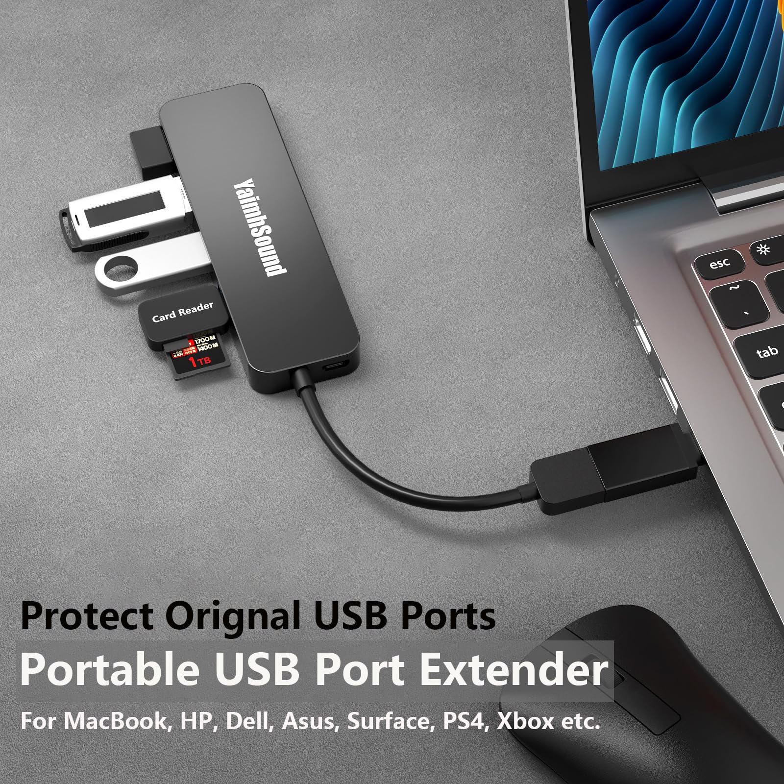 4-Port USB Hub 3.0, YaimhSound USB Splitter for Laptop, Keyboard and Mouse Adapter for Dell, Asus, HP, MacBook, Surface Pro, Acer, Ps4, Xbox, Flash Drive, SSD, Printer, Camera 4