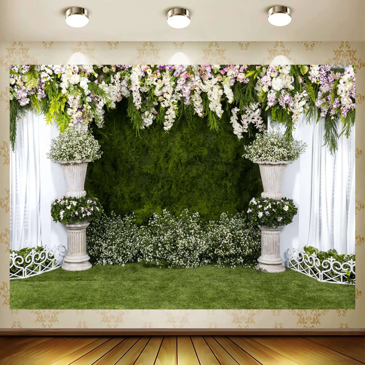 JASREE Vinyl 10x8ft Arch Wedding Flowers Backdrop Photography Background Stone Planter Flowers White Curtain Green Ivy Wall Decoration Outdoos Ceremony Green Grassfield Backdrop 1