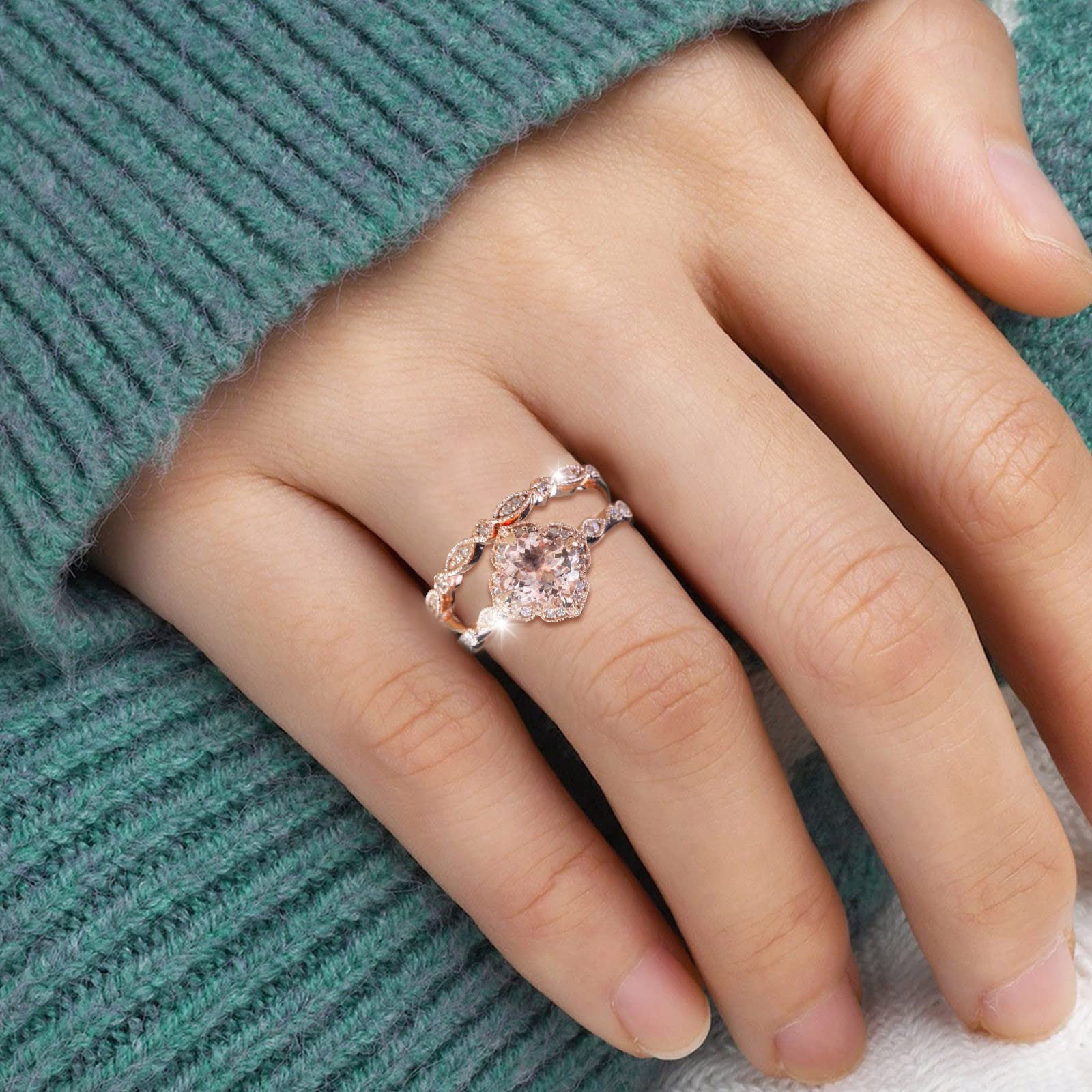 Flower Shape Rose Gold Ring Rhinestone Engagement Ring Wedding Ring Set Flower Rhinestone Ring Set Full Diamond Ring Size 5 10 Cute Small Rings (Rose Gold, 7) 6
