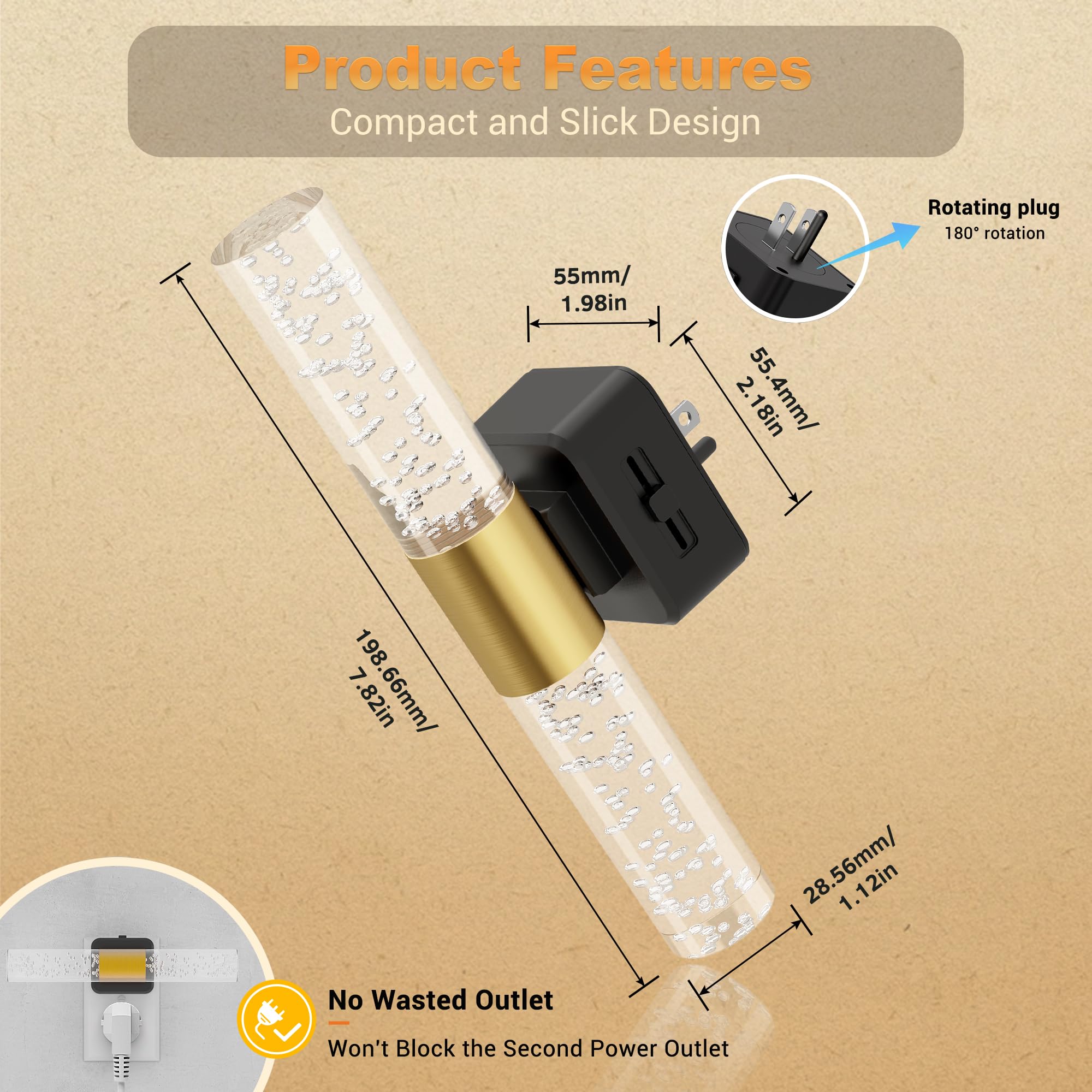 JandCase 180° Rotating Night Lights Plug into Wall, 2 Pack 3000K Soft Light LED NightLights, 0-100LM Adjustable Brightness, Plug in Night Light with Auto Light Sensor,for Bathroom,Hallway,Bedroom 5