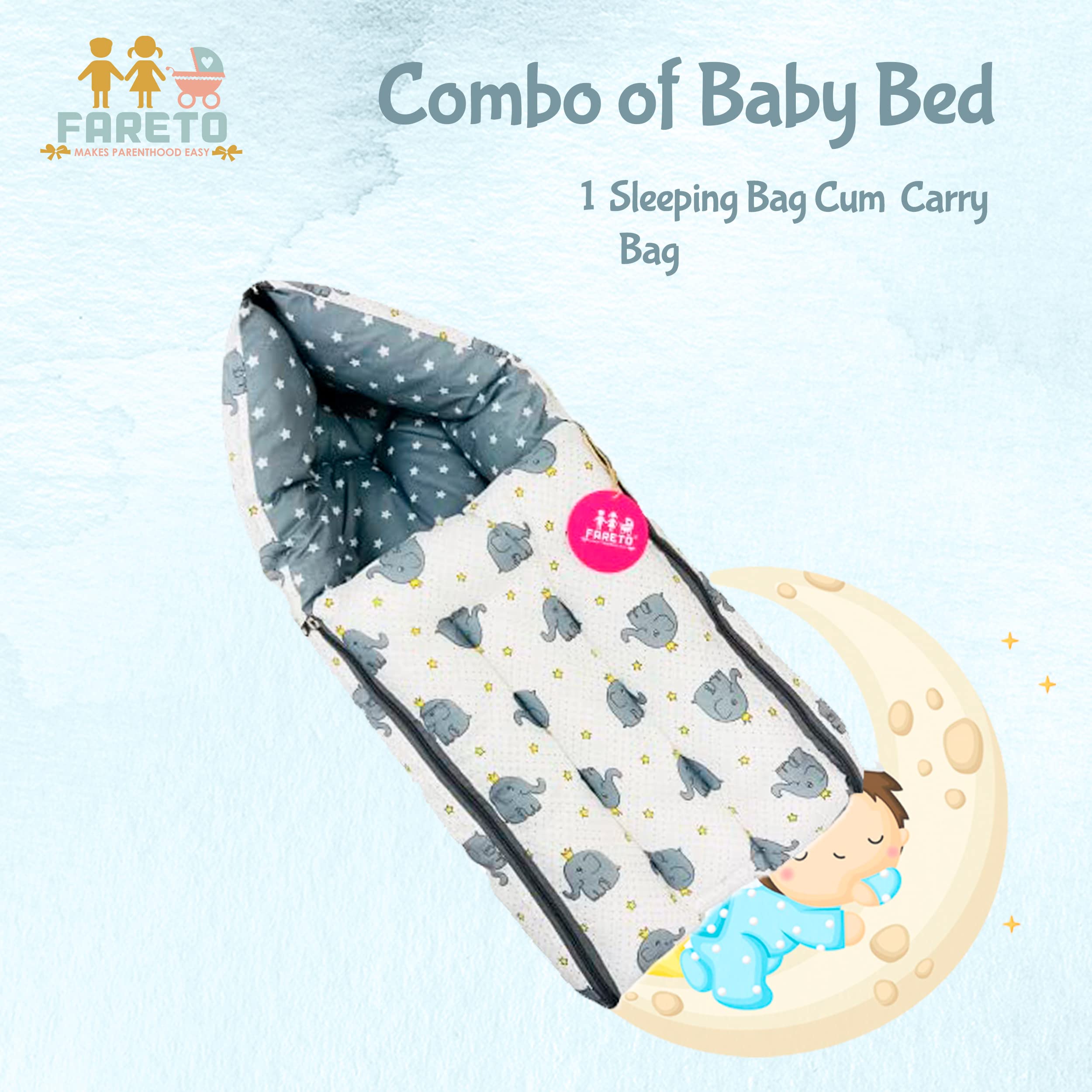 Fareto 3 in 1 Baby Bed, Sleeping Bag & Carry Nest, Cotton Baby Bedding for New Born (0-6 Months) (Gray Elephant) (Lightweight), Pack of 1 3