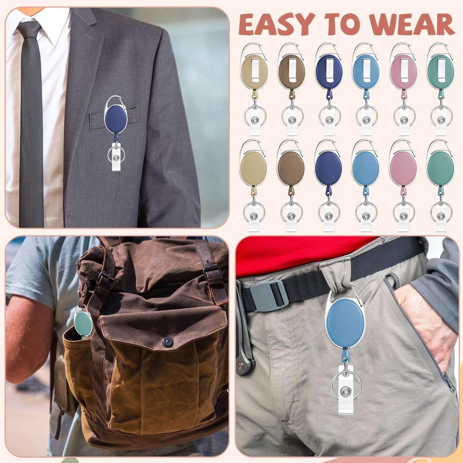 Bornerwhite 6 Color 60 Pcs Retractable Badge Holder with Carabiner Clips and Key Ring ID Badge Holder Retractable Clip Bulk for Office Worker Doctor Nurse Employee School Students Gifts 5
