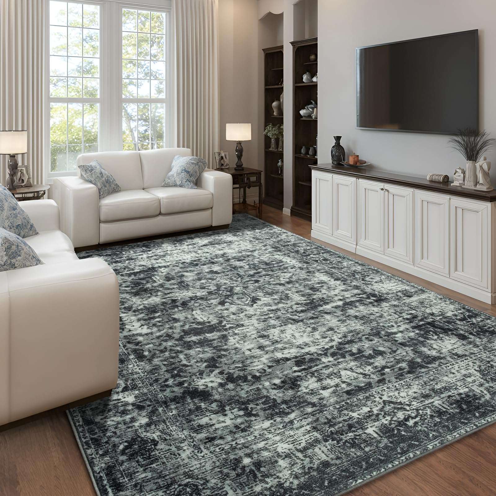 Unirea 5x7 Area Rugs for Living Room Bedroom, Washable Black Non Slip Low Pile Vintage Area Rug, Large Boho Abstract Soft Carpet, Indoor Rugs for Dining Room Study Office Kids Room 2